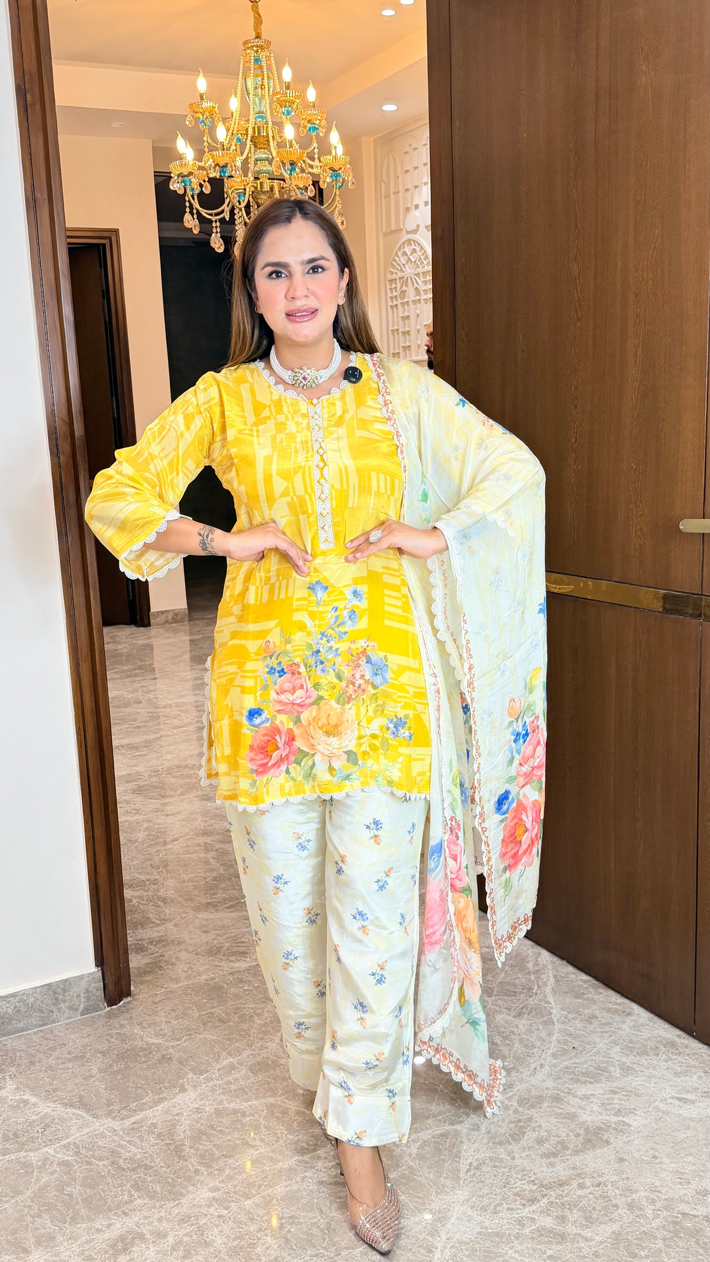 Beautiful yellow floral-print three-piece ethnic kurta set PC3506