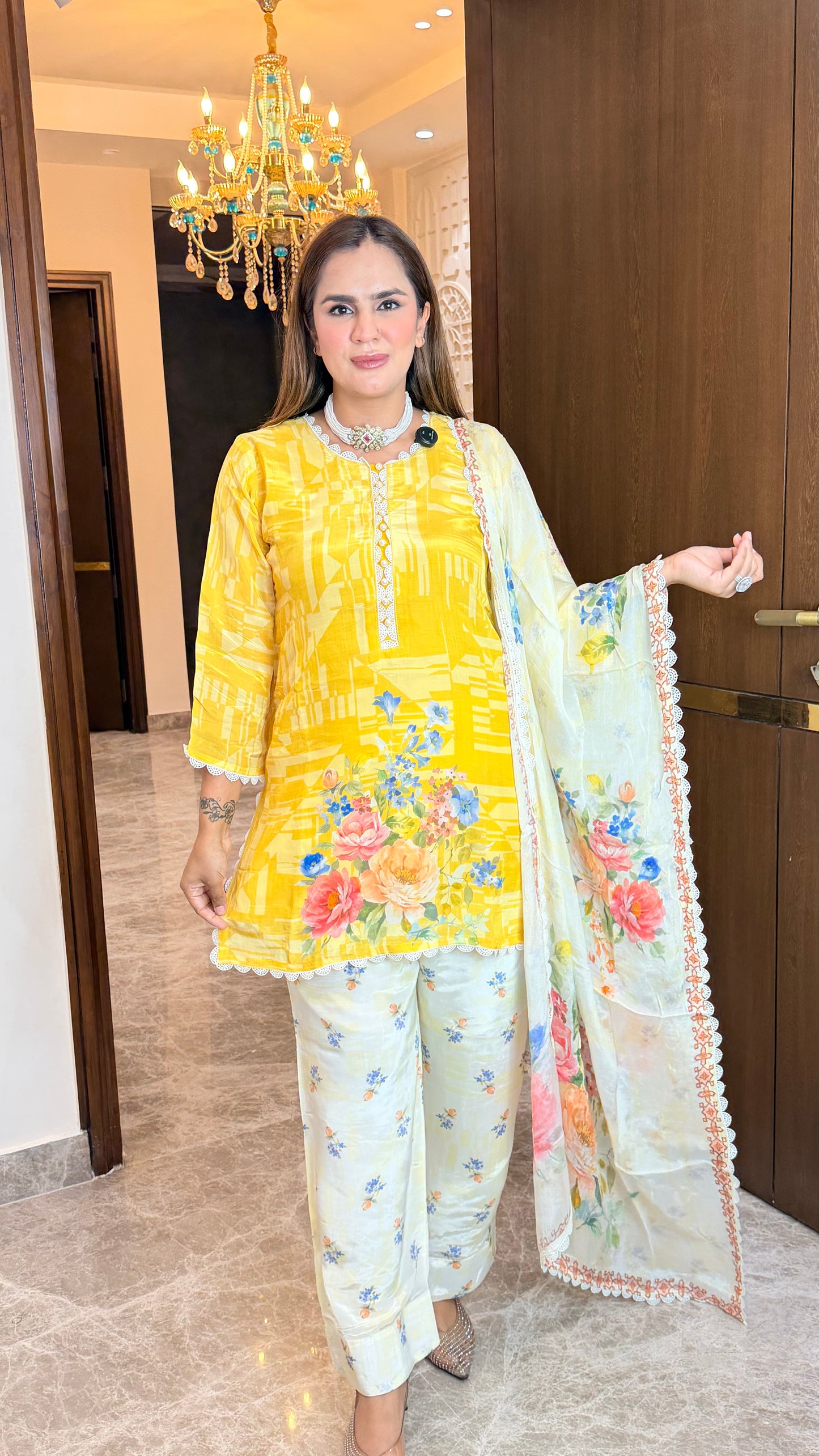 Beautiful yellow floral-print three-piece ethnic kurta set PC3506