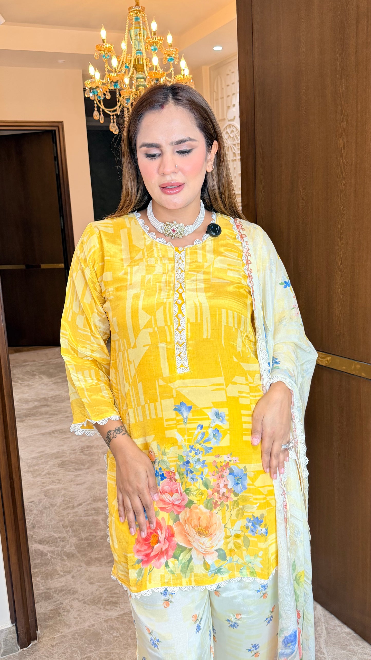 Beautiful yellow floral-print three-piece ethnic kurta set PC3506