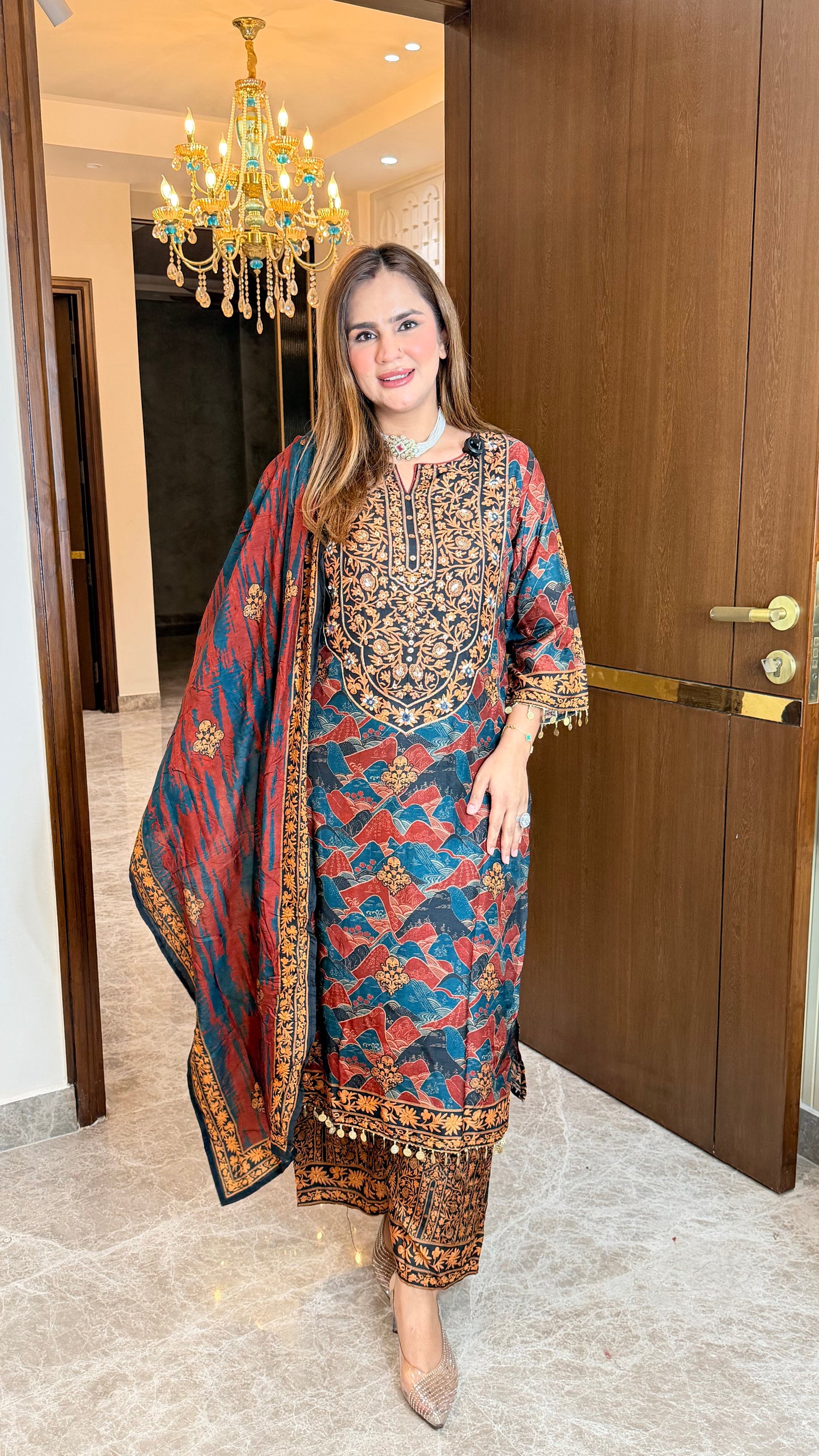 Beautiful red printed long suit set PC3506