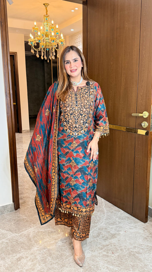 Beautiful red printed long suit set PC3506