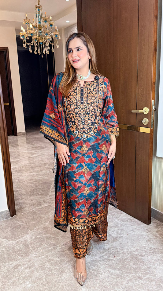 Beautiful red printed long suit set PC3506