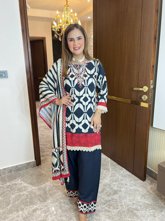 Elegant black and off-white geometric printed three-piece suit set PC3509