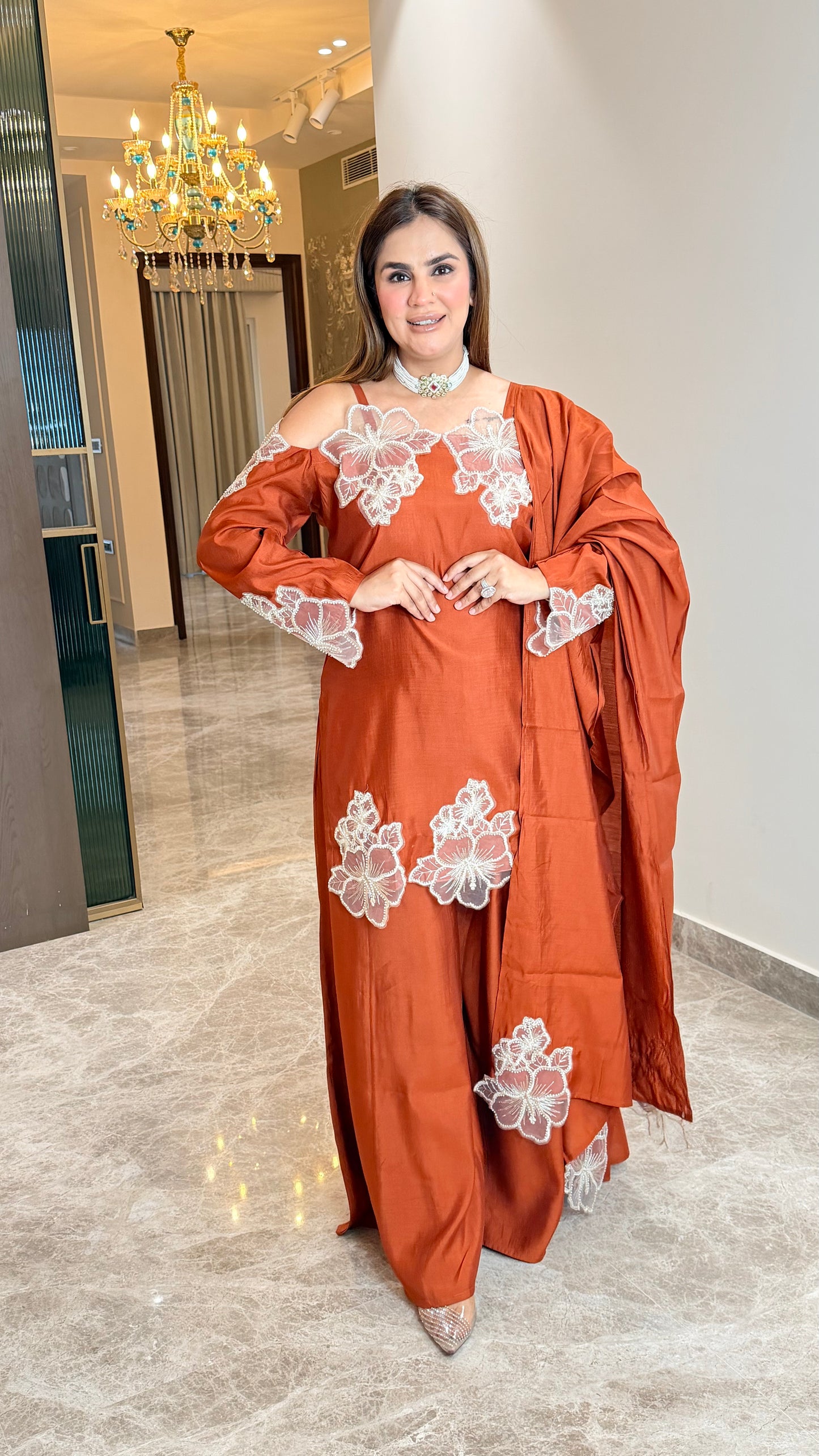 Elegant silk-blend cold-shoulder kurta set PC3510