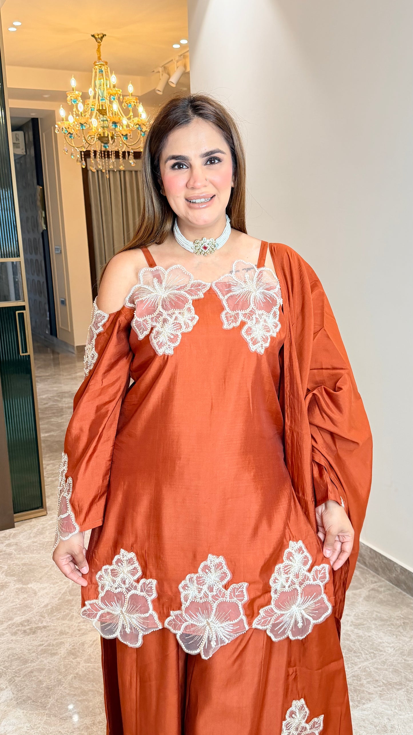 Elegant silk-blend cold-shoulder kurta set PC3510