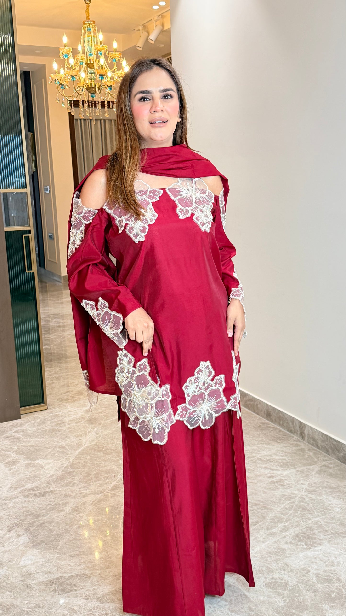 Elegant silk-blend cold-shoulder kurta set PC3510