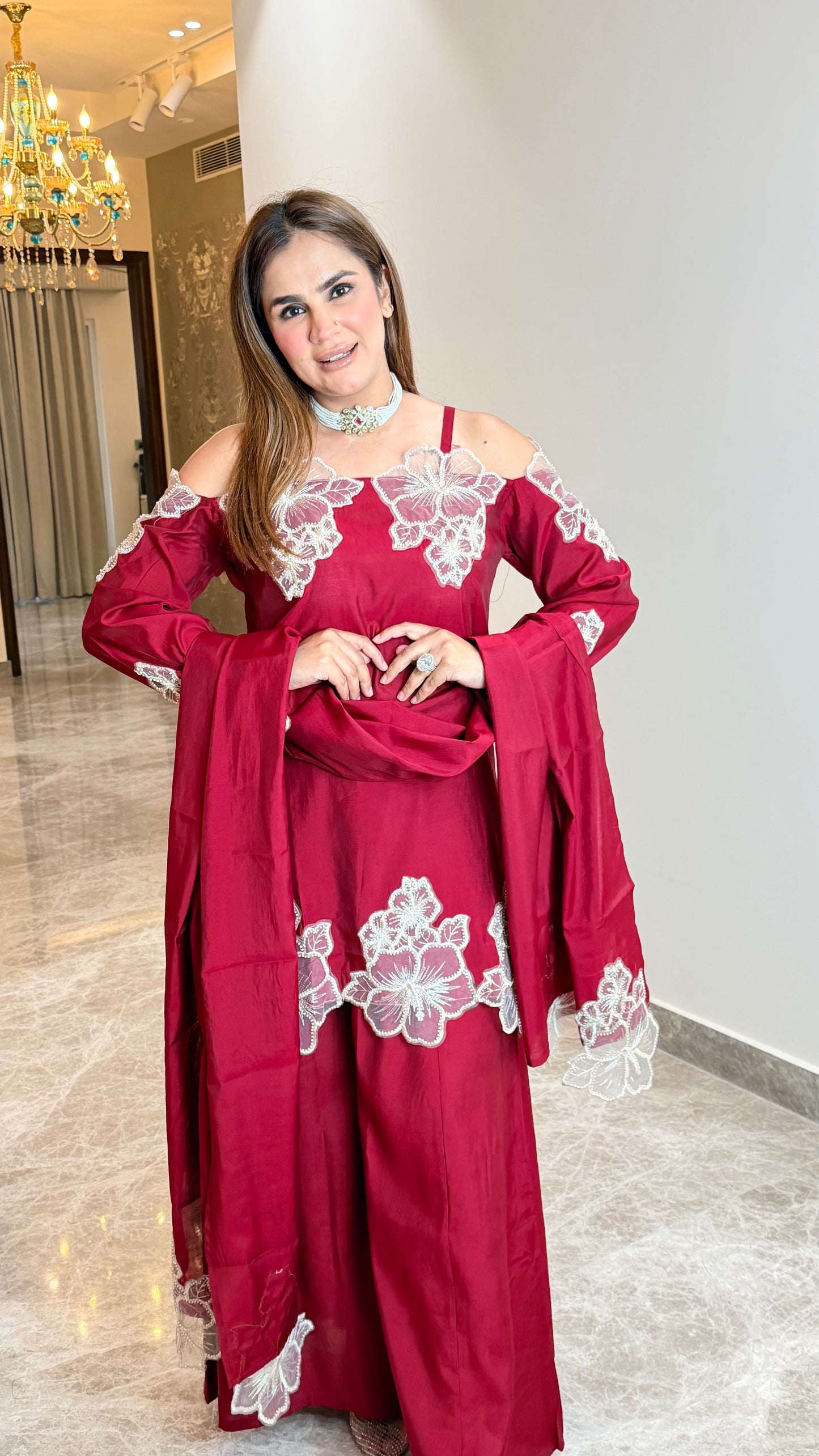Elegant silk-blend cold-shoulder kurta set PC3510