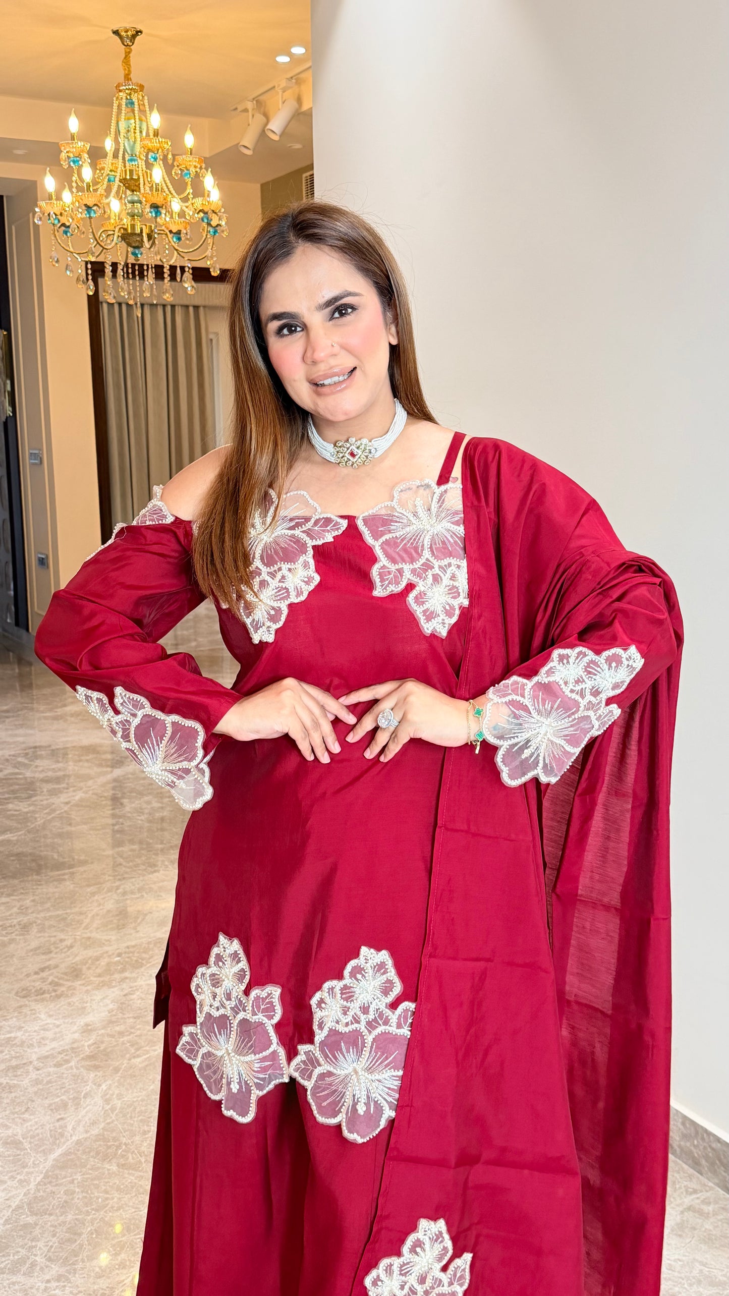 Elegant silk-blend cold-shoulder kurta set PC3510