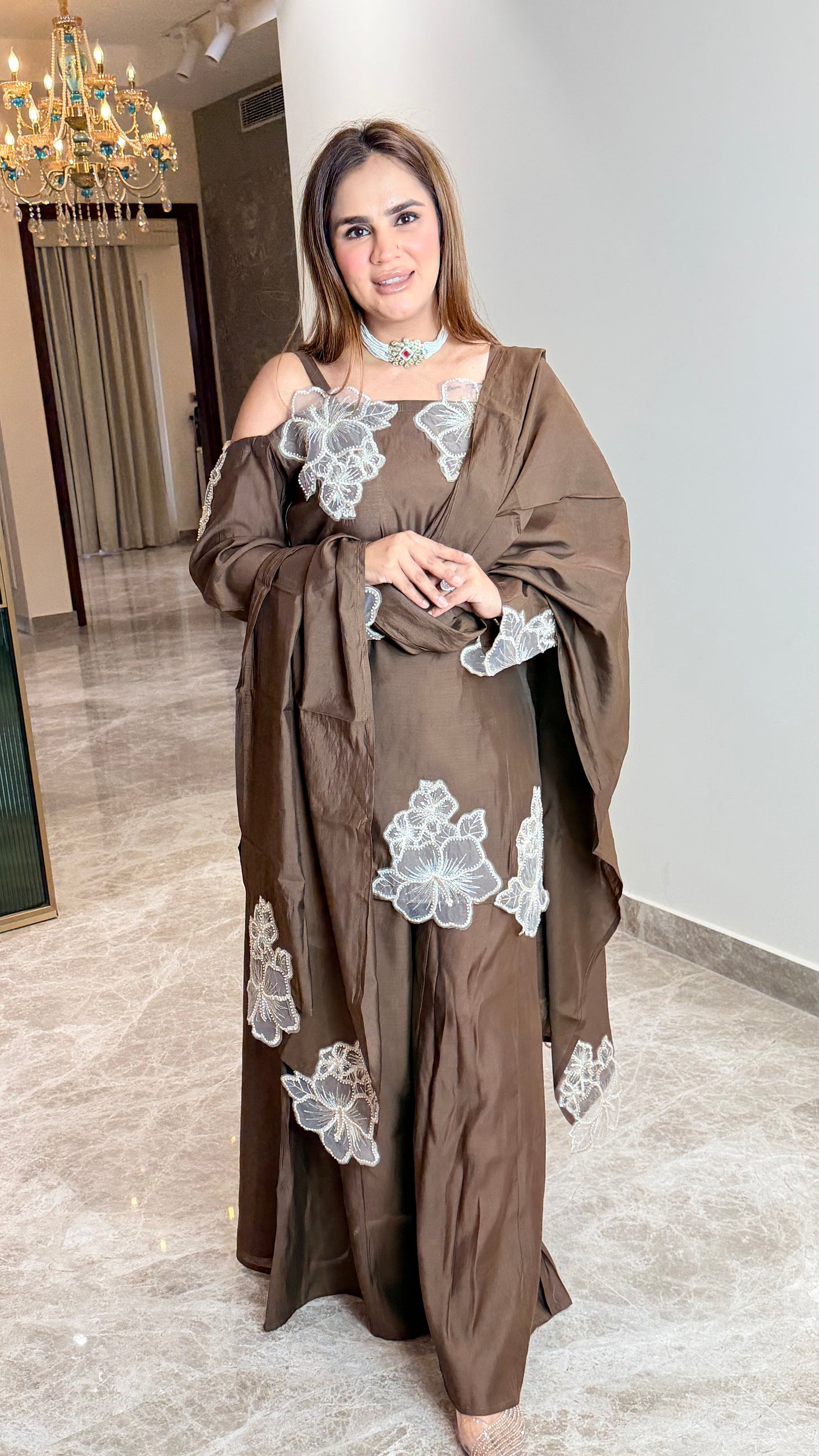 Elegant silk-blend cold-shoulder kurta set PC3510