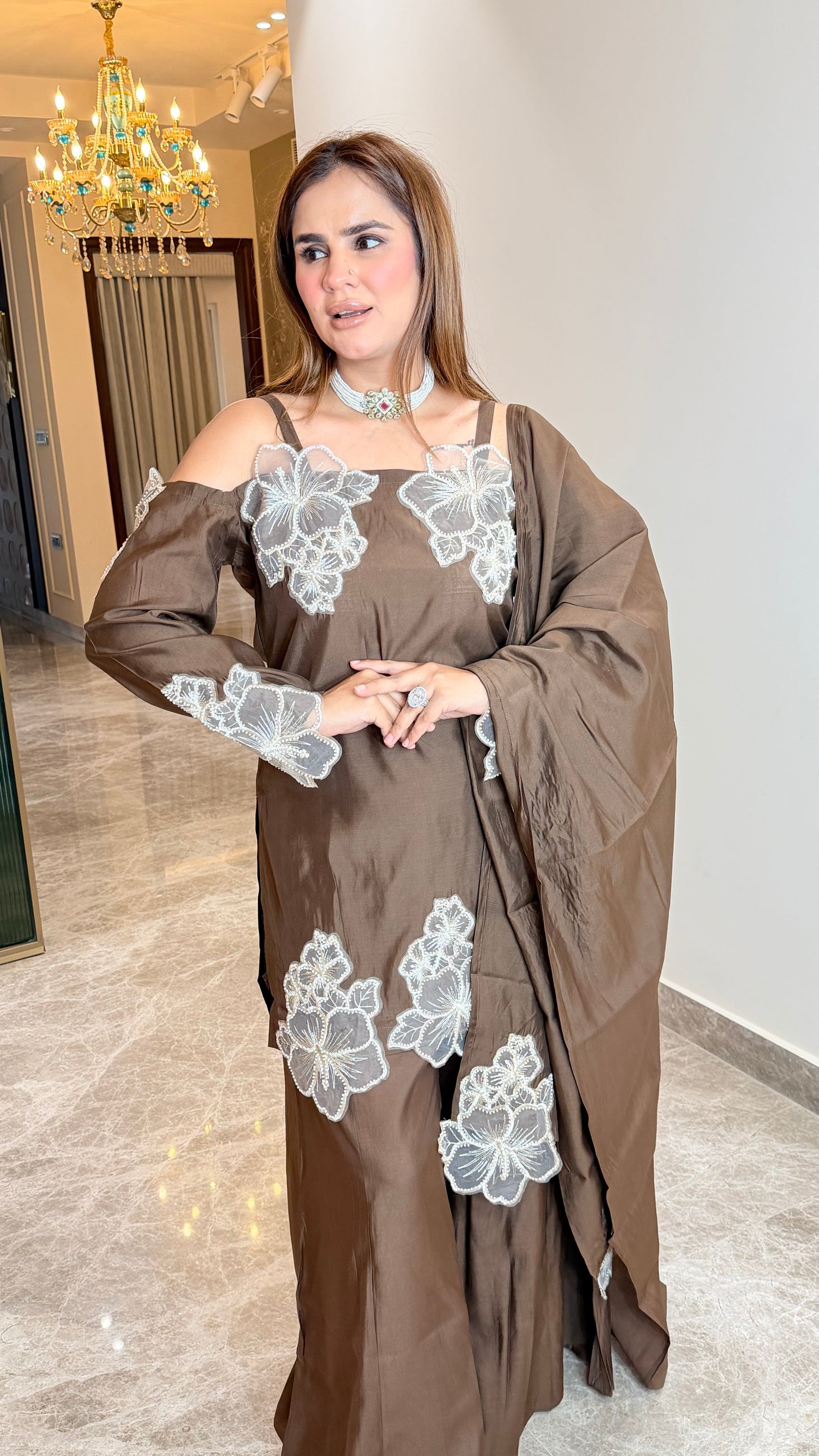 Elegant silk-blend cold-shoulder kurta set PC3510