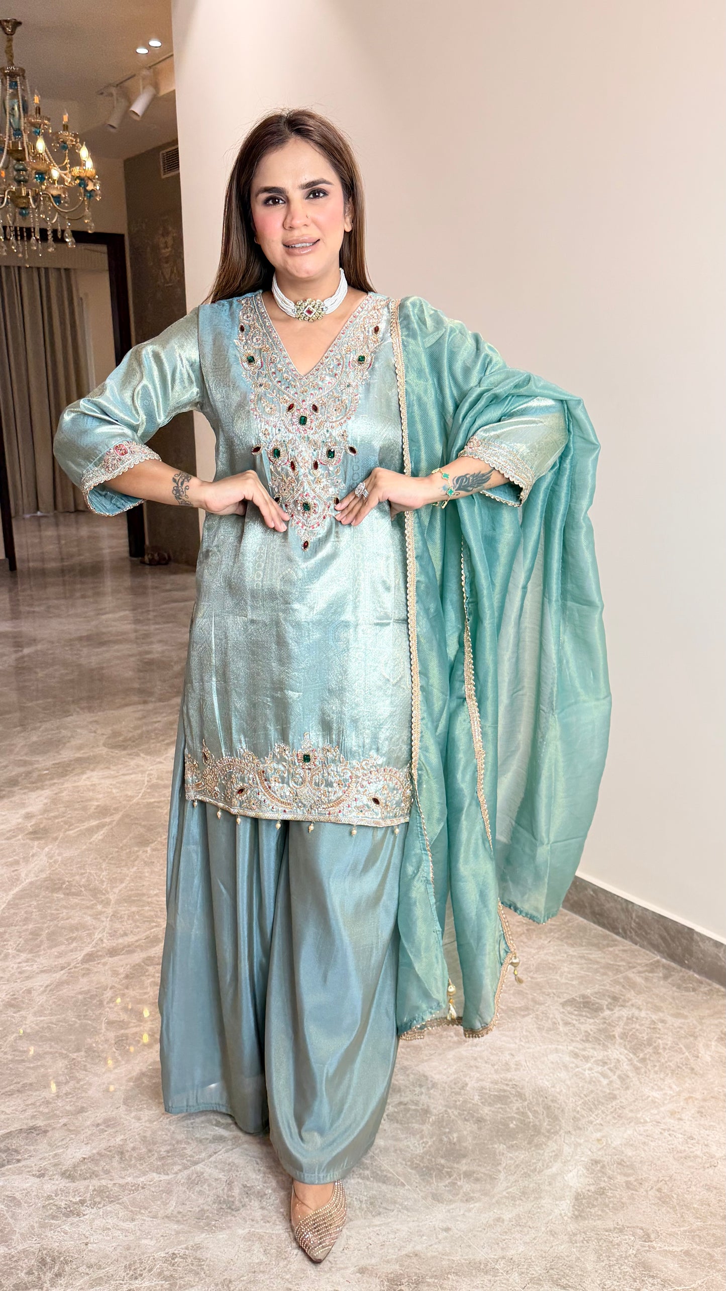 Elegant tissue-silk kurta and farshi salwar set PC3511