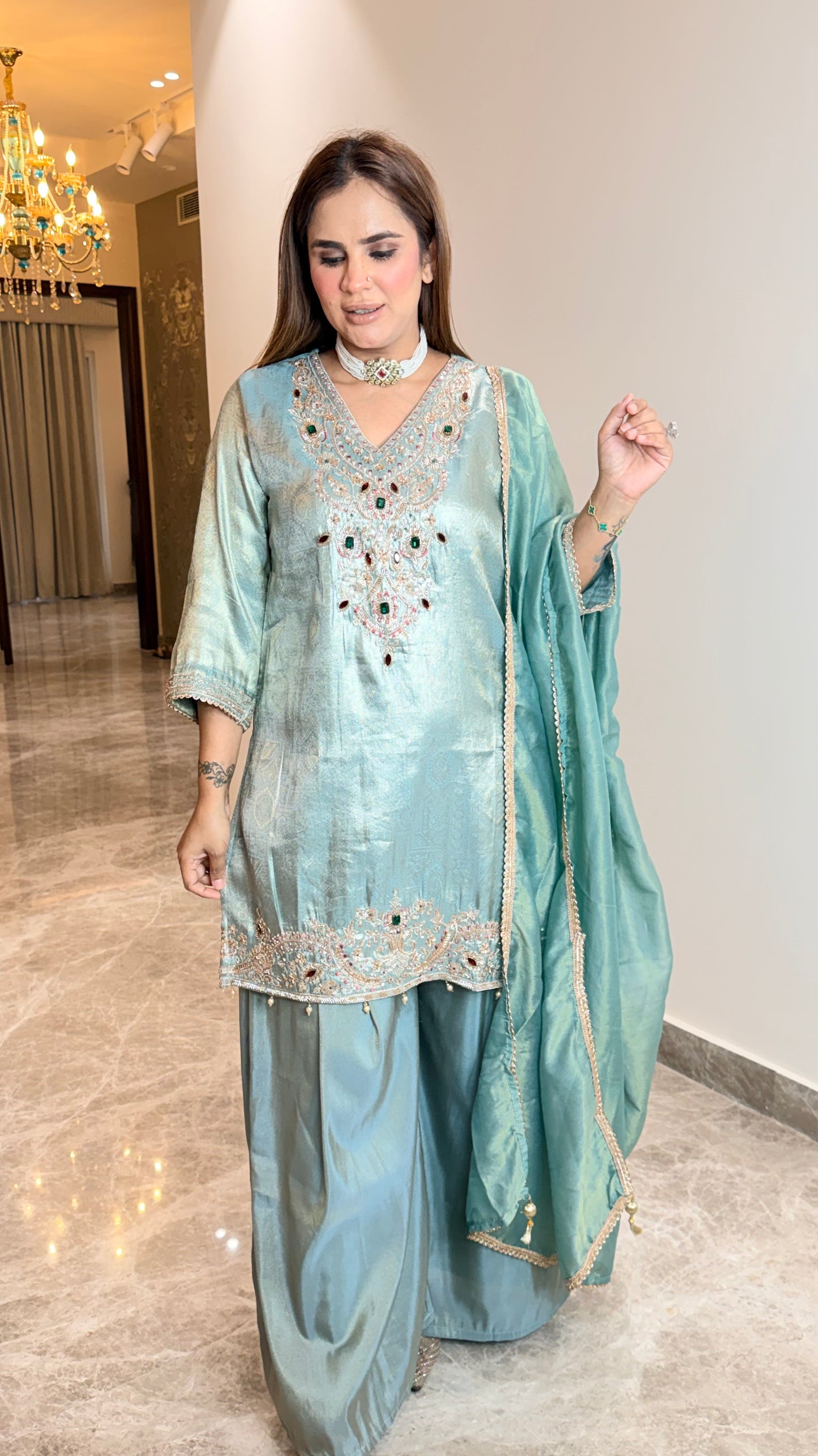 Elegant tissue-silk kurta and farshi salwar set PC3511