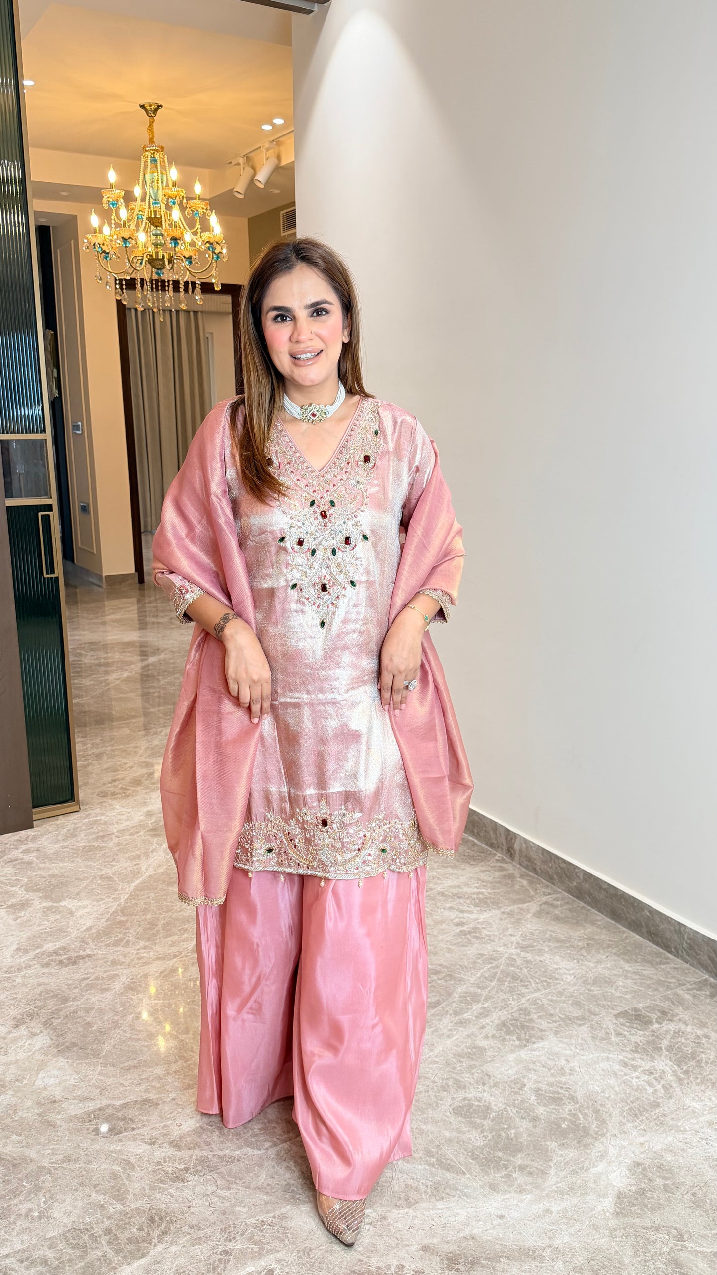 Elegant tissue-silk kurta and farshi salwar set PC3511
