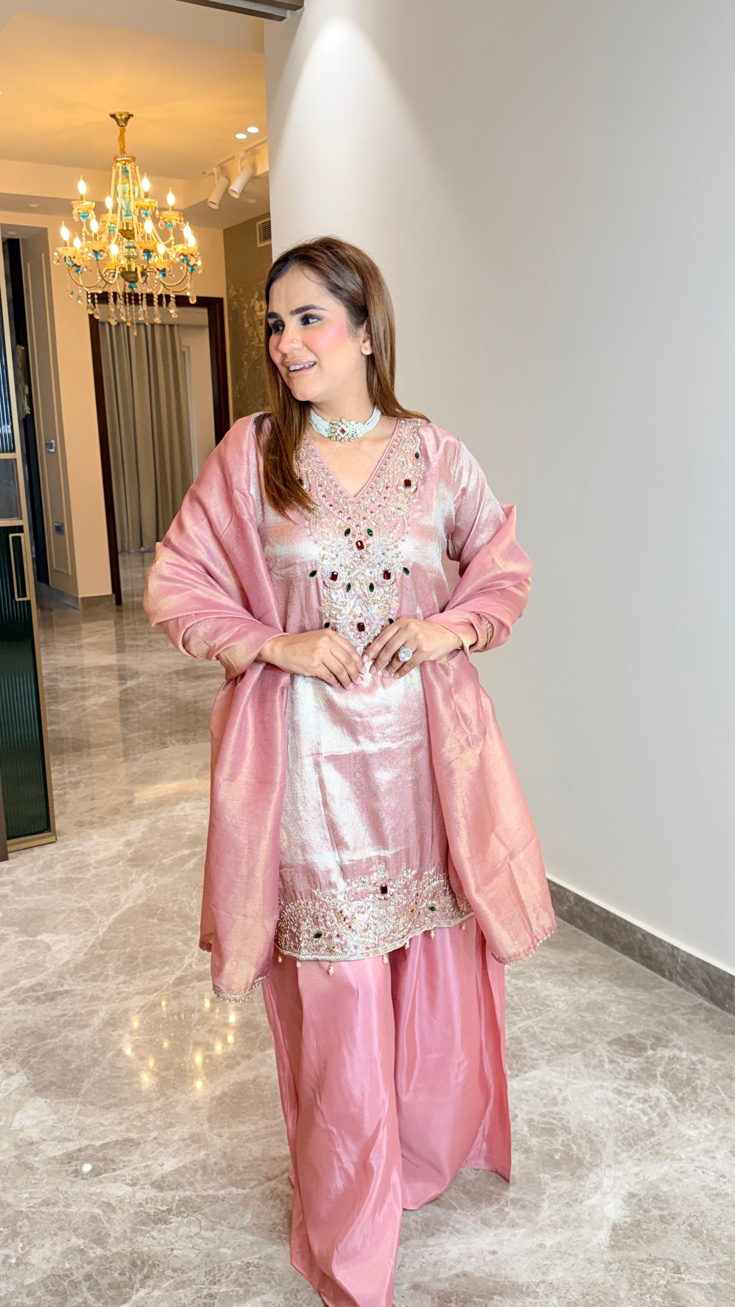 Elegant tissue-silk kurta and farshi salwar set PC3511