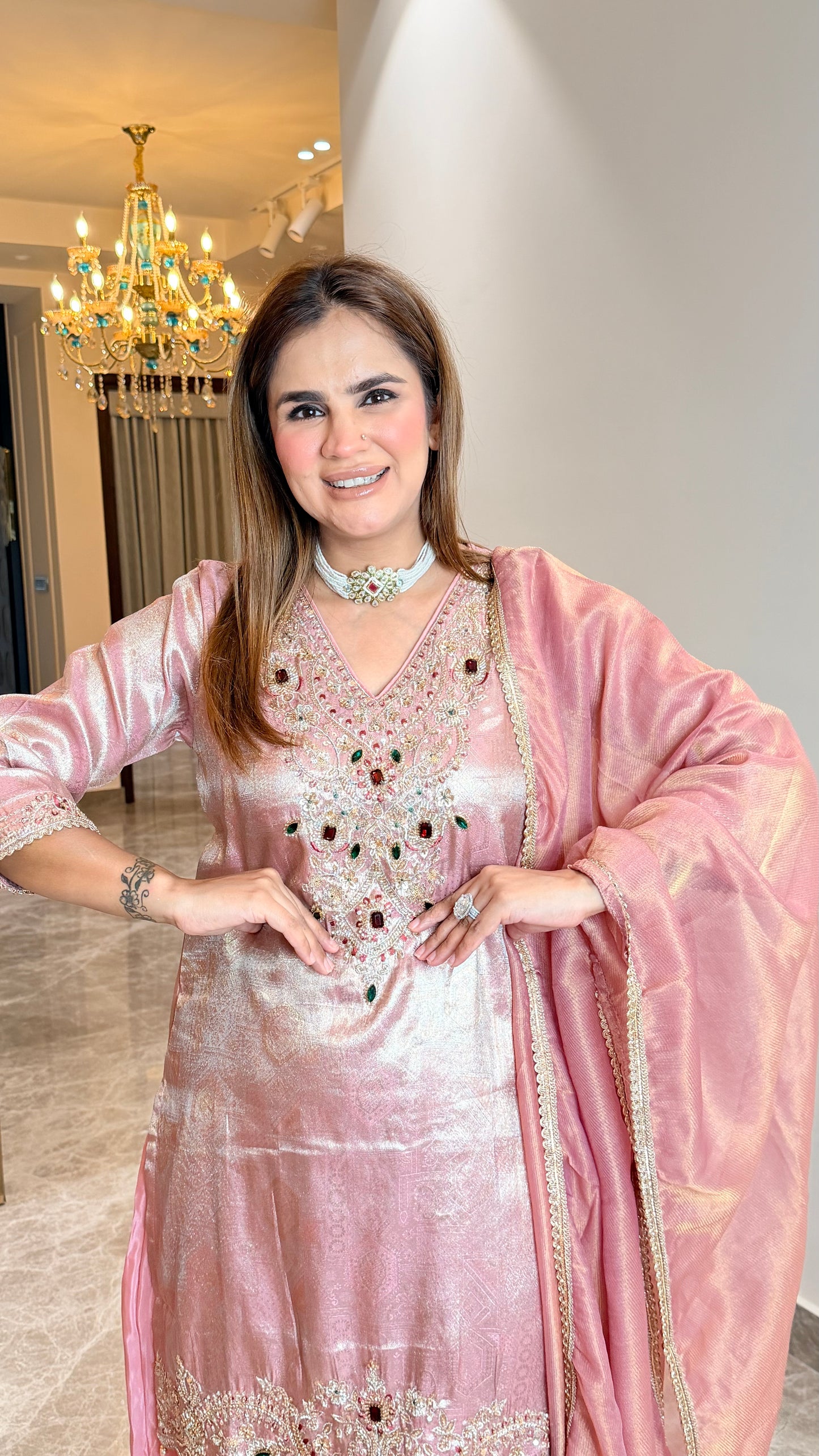 Elegant tissue-silk kurta and farshi salwar set PC3511