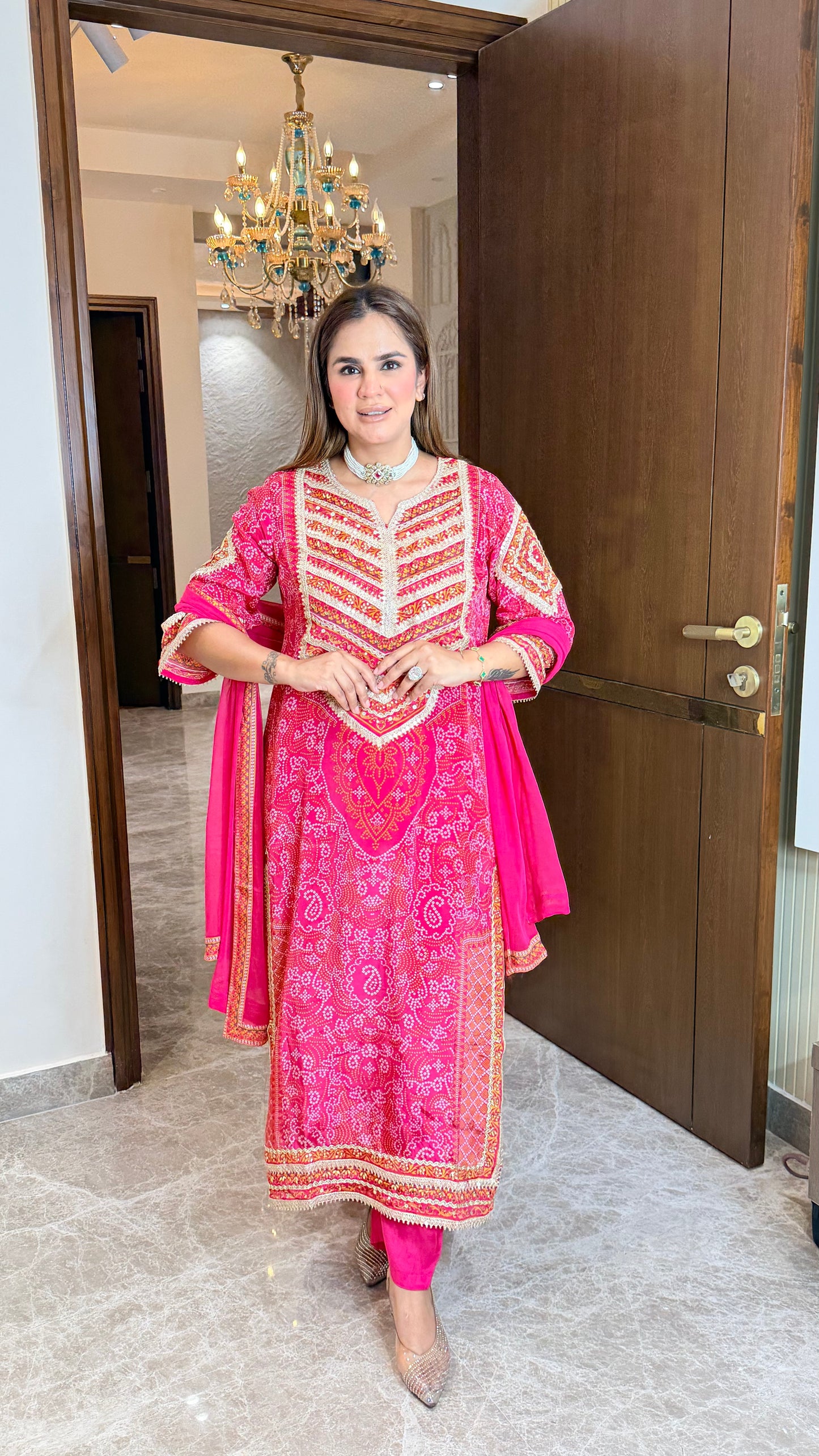 Elegant bright pink Bandhani print crepe suit set PC3513