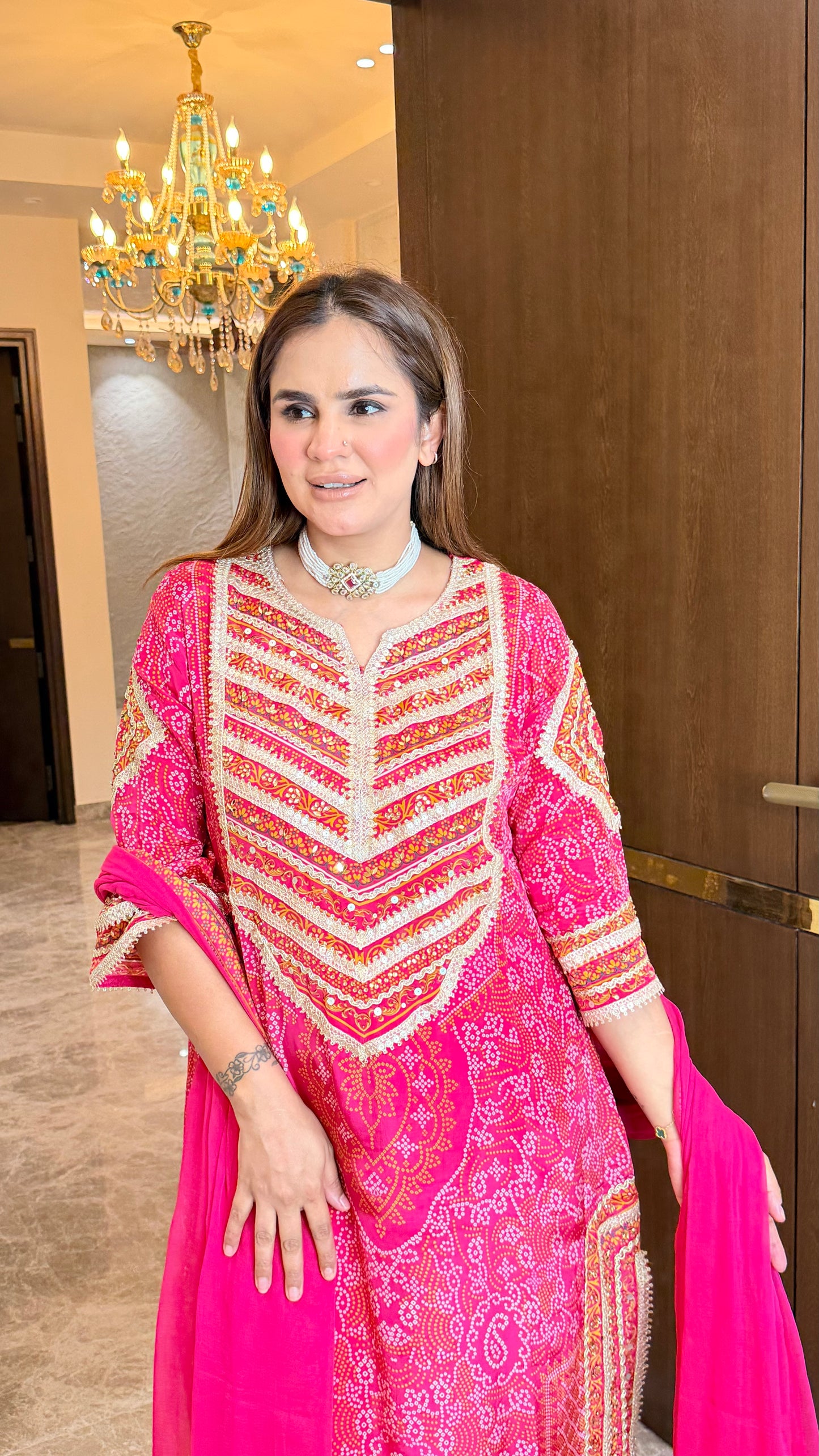 Elegant bright pink Bandhani print crepe suit set PC3513