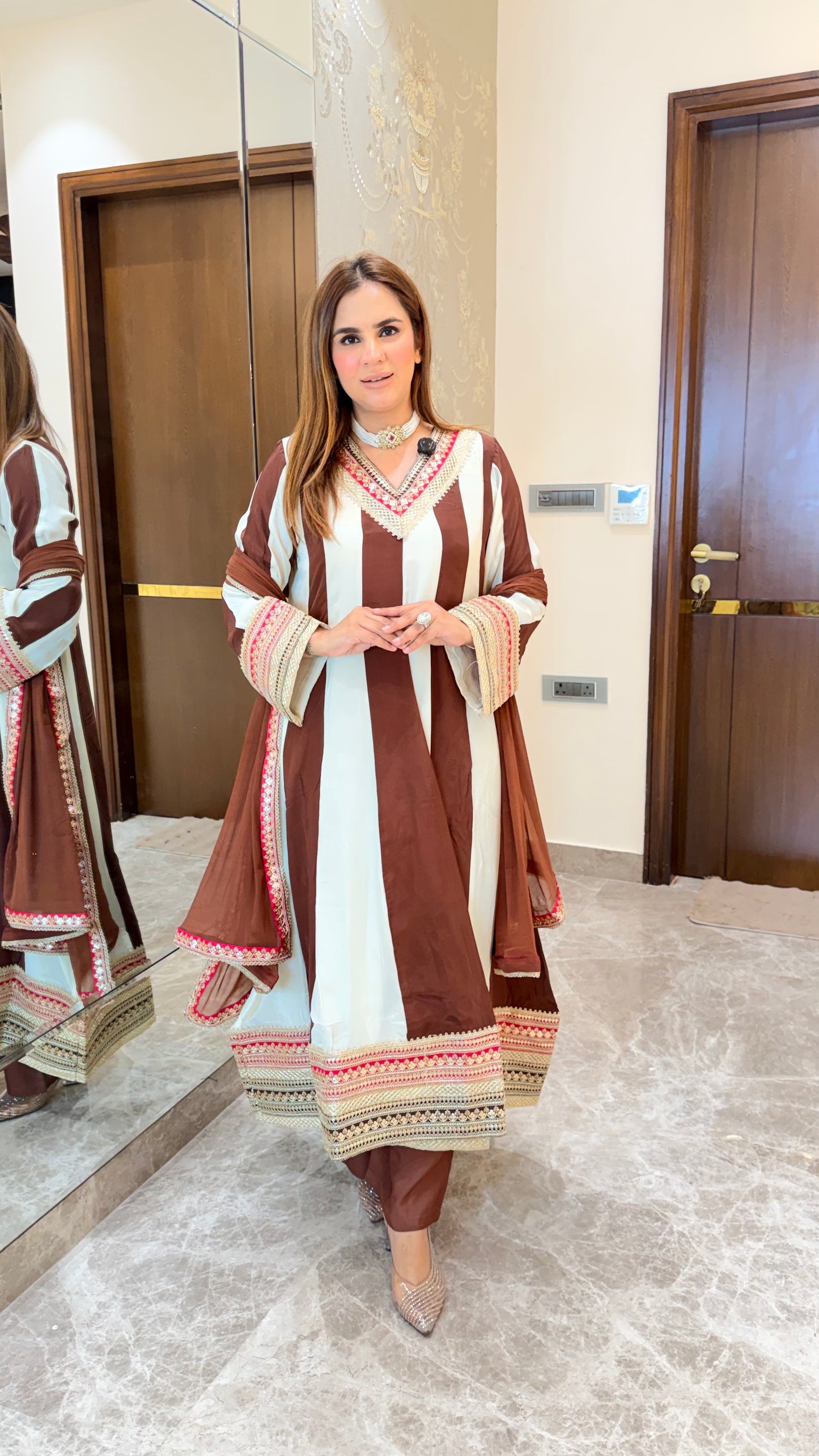 Beautiful brown and white striped long kurta set PC3515