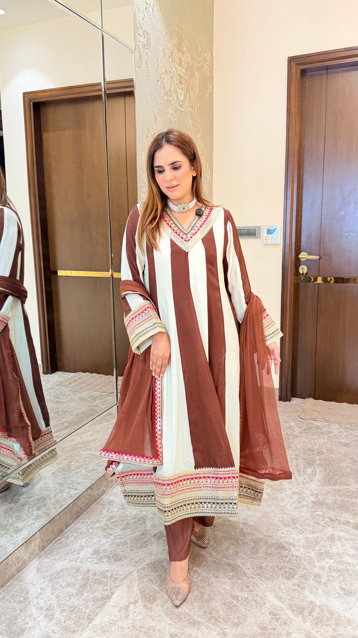 Beautiful brown and white striped long kurta set PC3515