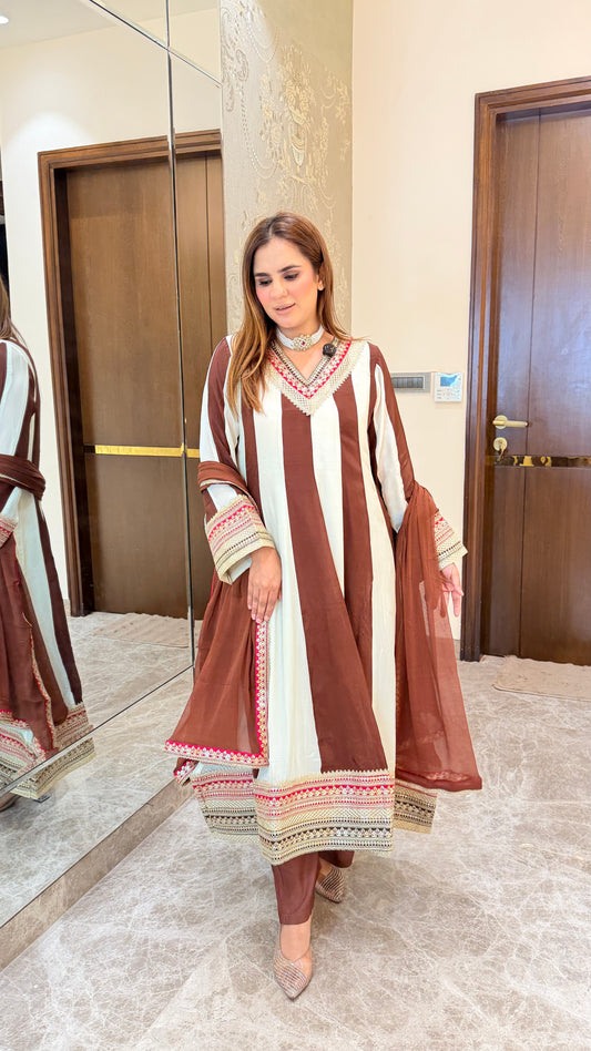Beautiful brown and white striped long kurta set PC3515