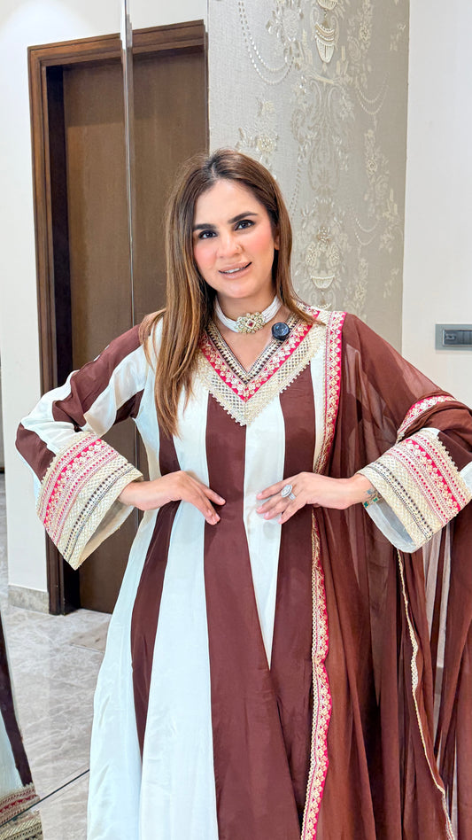 Beautiful brown and white striped long kurta set PC3515