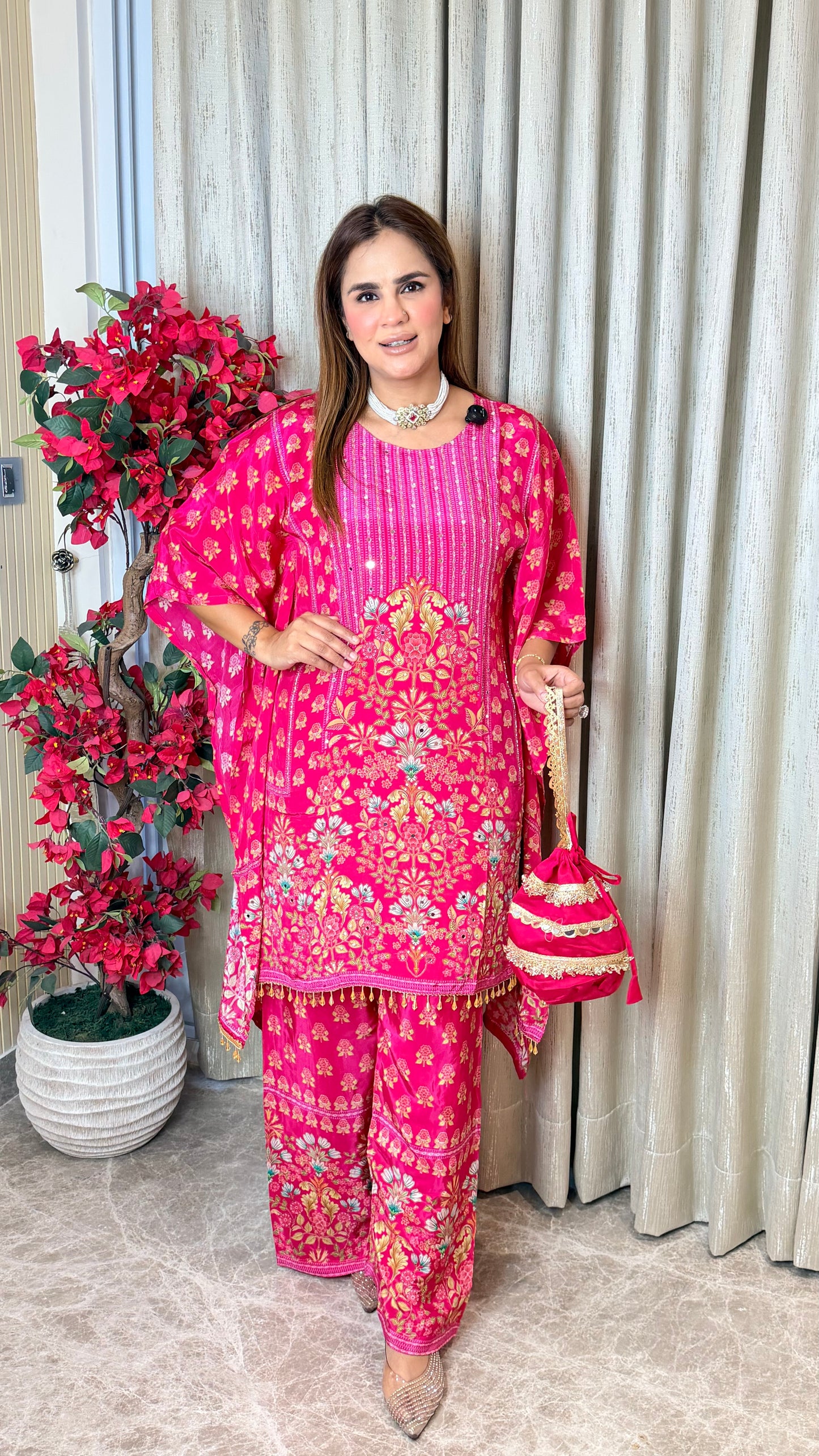 Beautiful bright red floral print kaftan co-ord set PC3517