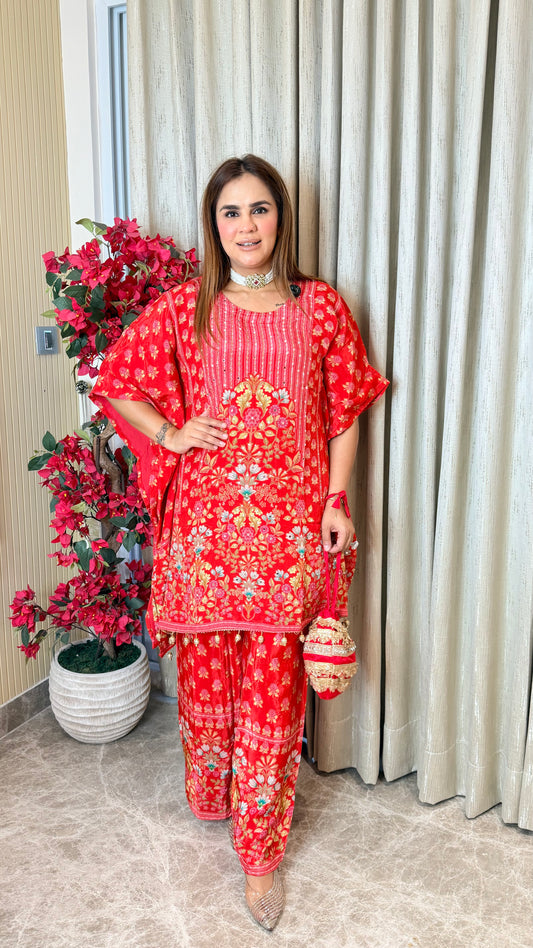 Beautiful bright red floral print kaftan co-ord set PC3517