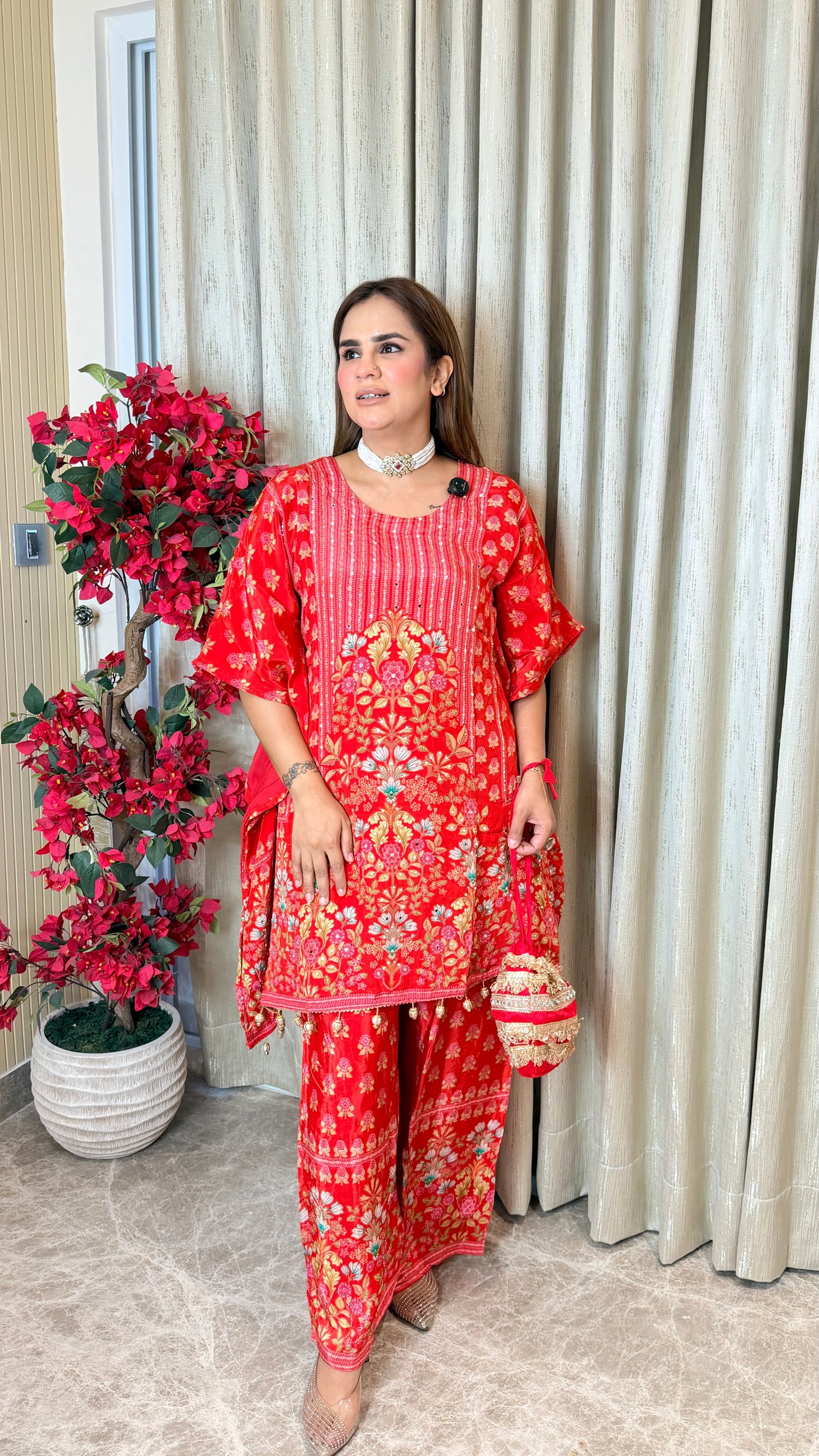 Beautiful bright red floral print kaftan co-ord set PC3517