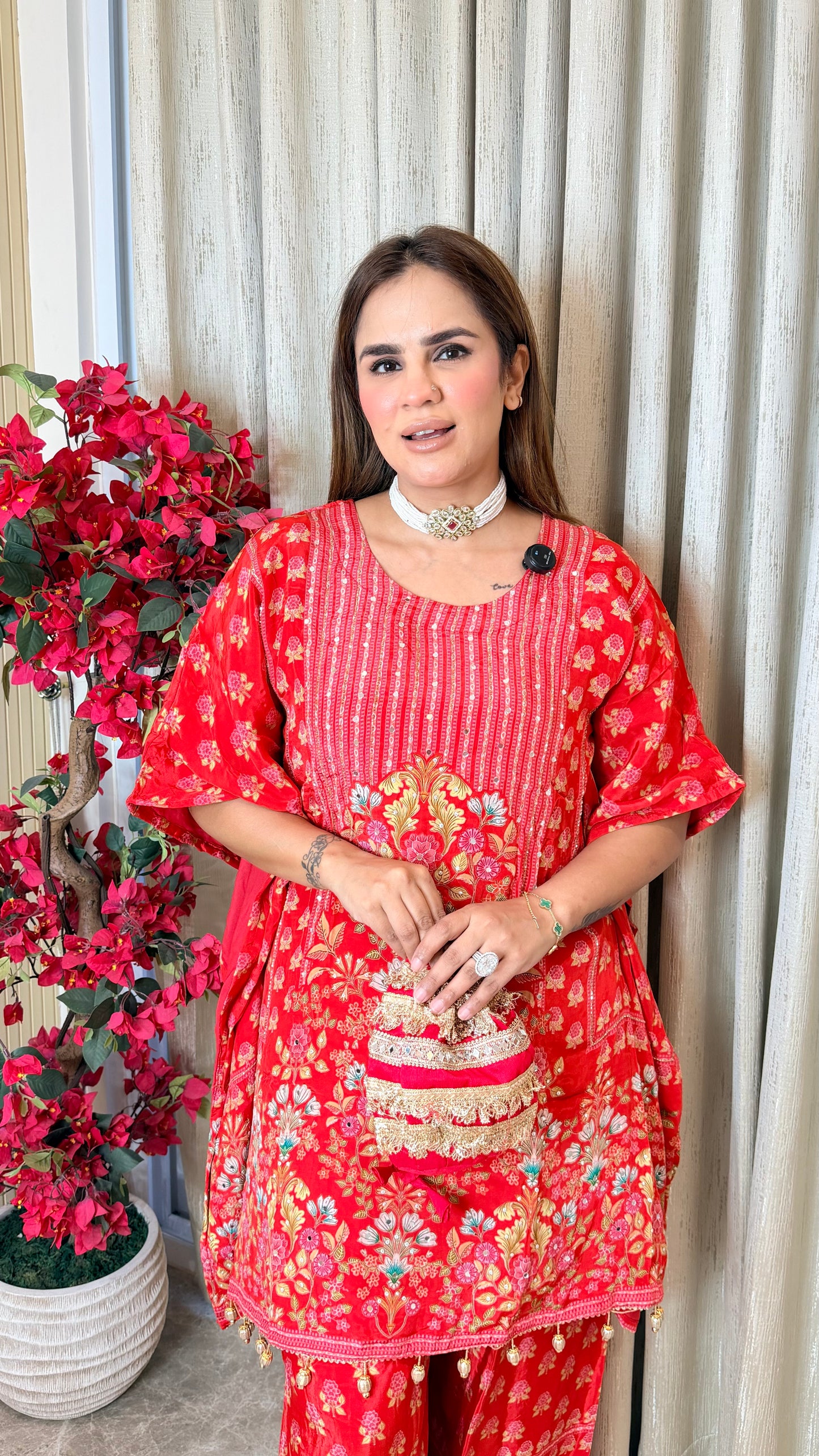 Beautiful bright red floral print kaftan co-ord set PC3517