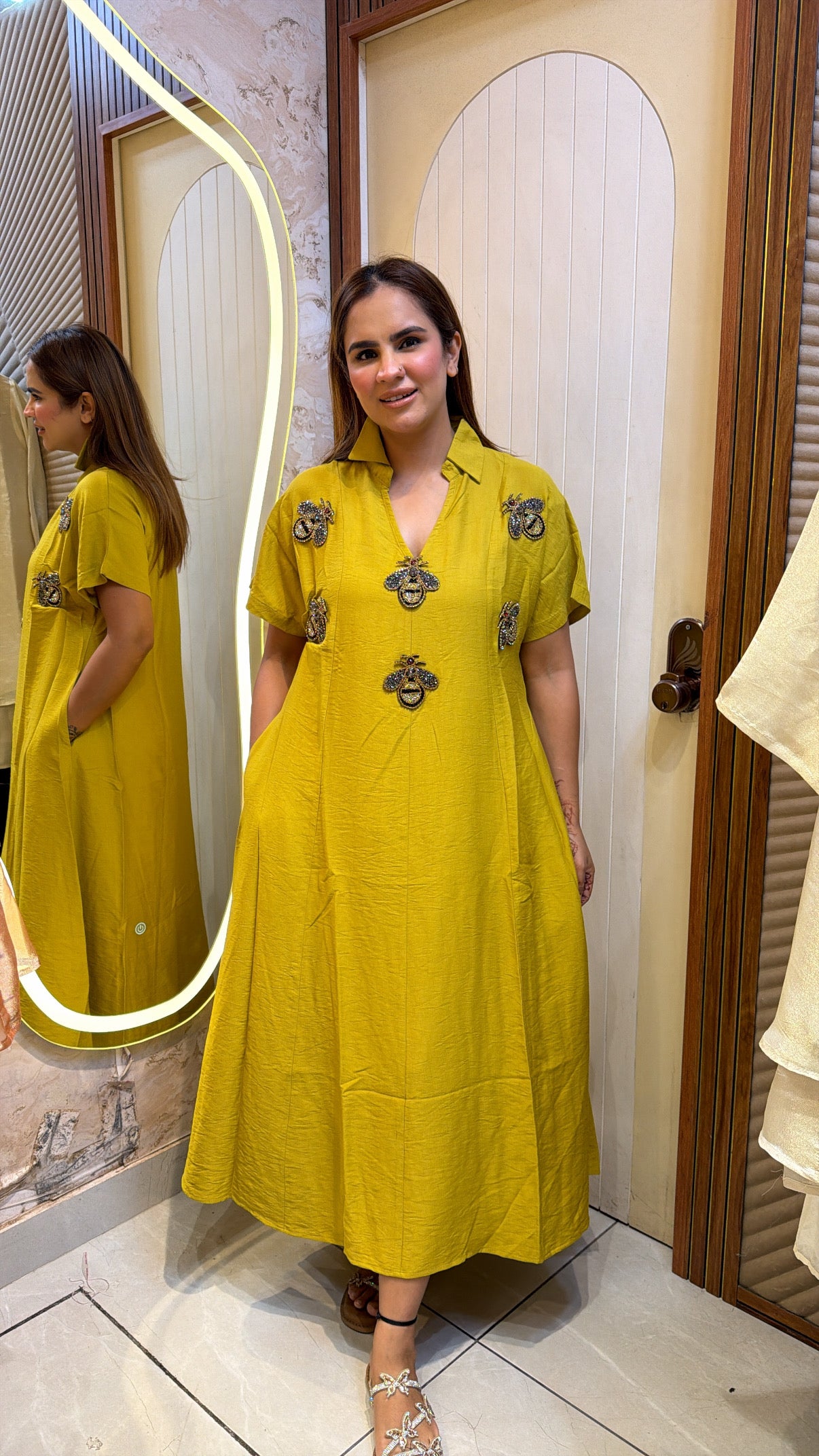 Elegant bright mustard-yellow midi shirt dress PC3522