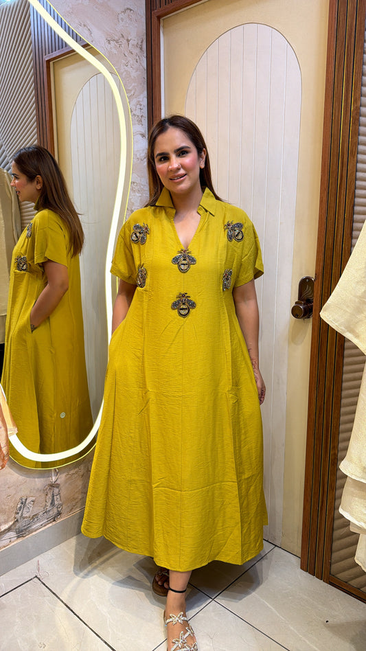 Elegant bright mustard-yellow midi shirt dress PC3522