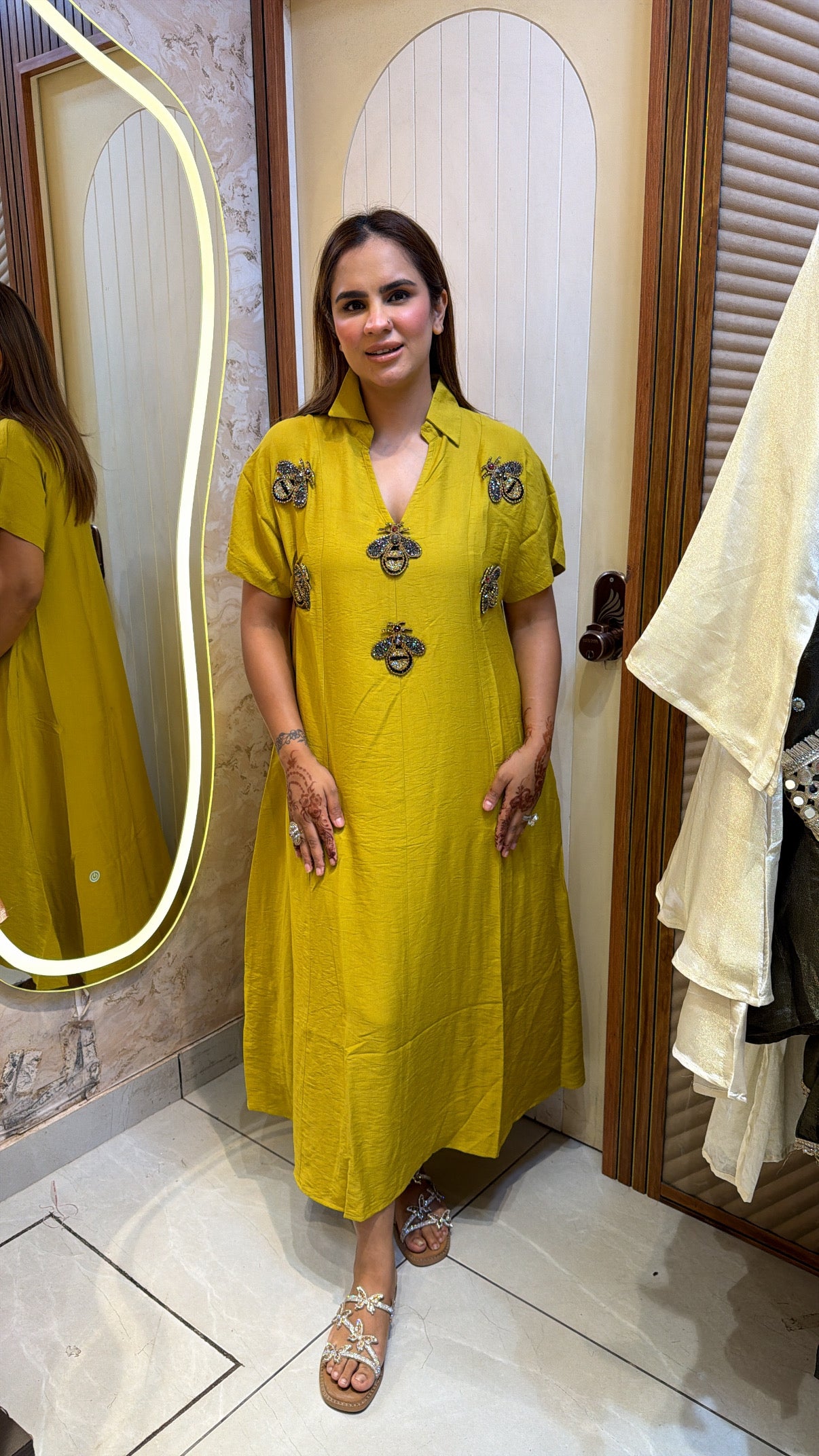 Elegant bright mustard-yellow midi shirt dress PC3522