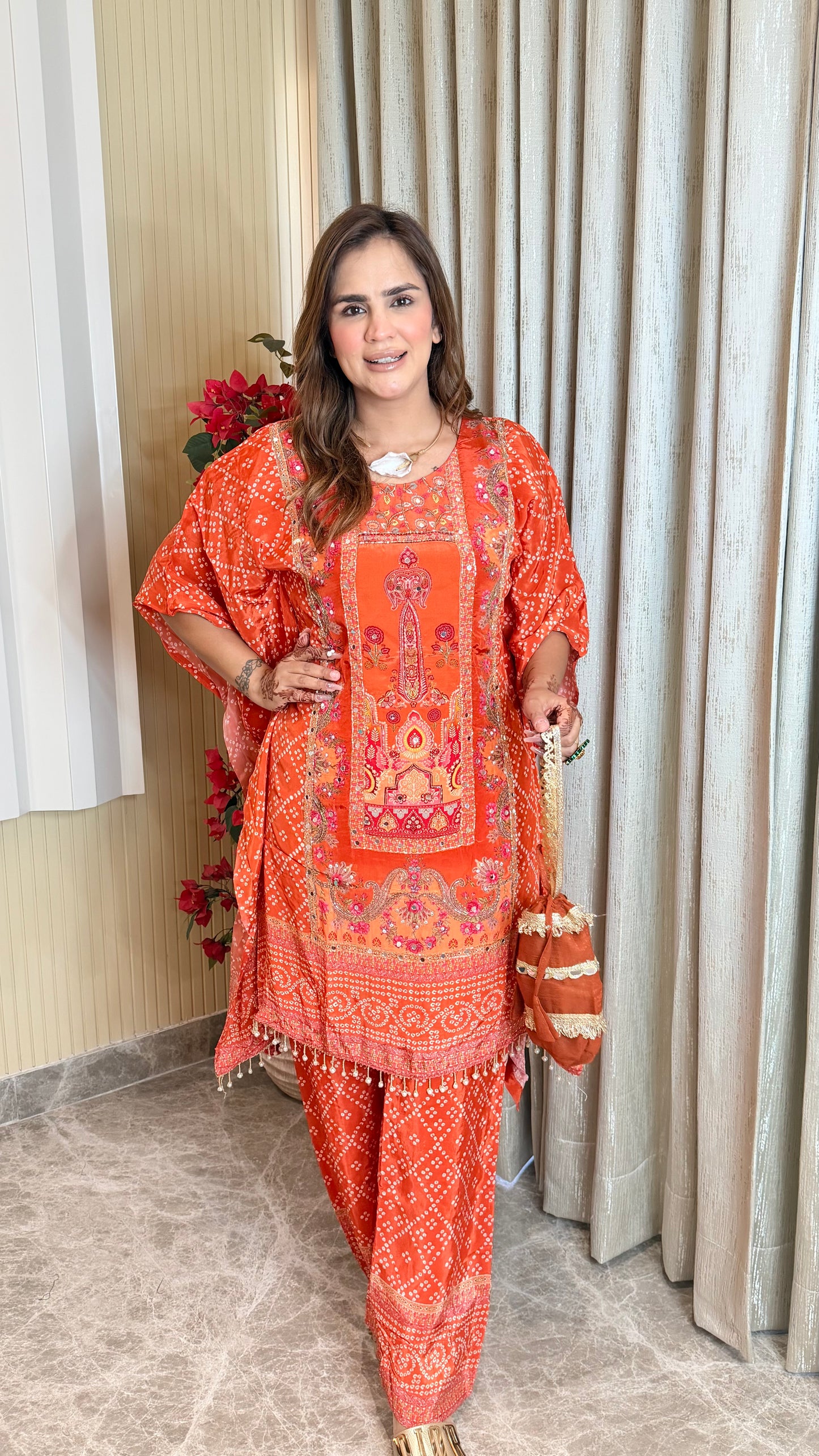 Beautiful bright orange bandhani-print kaftan set PC3530