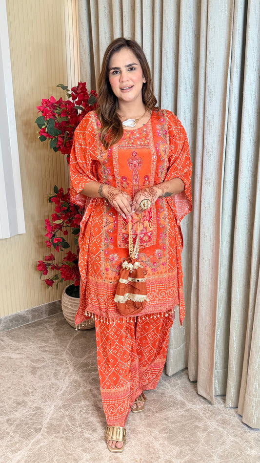 Beautiful bright orange bandhani-print kaftan set PC3530