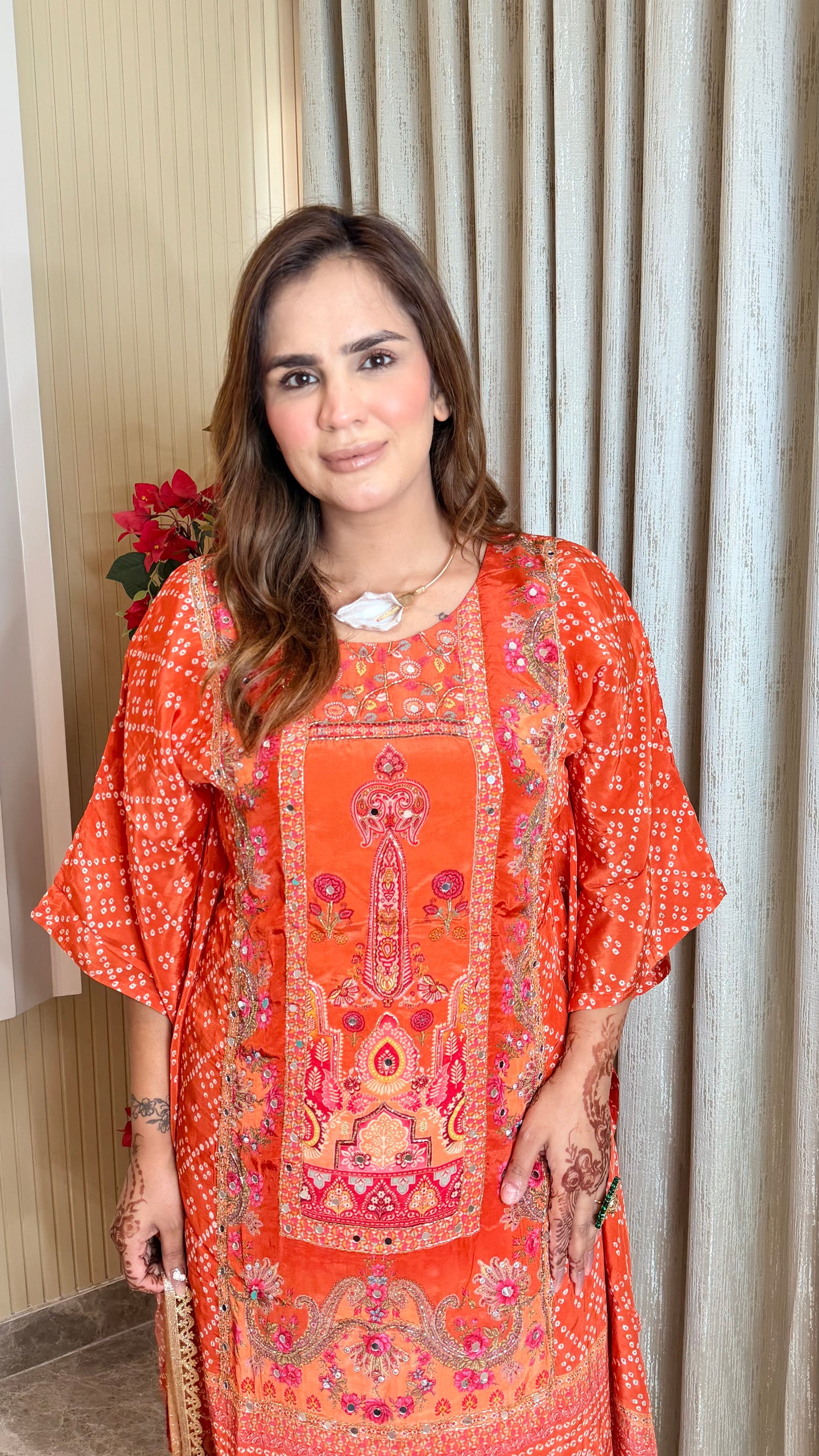 Beautiful bright orange bandhani-print kaftan set PC3530