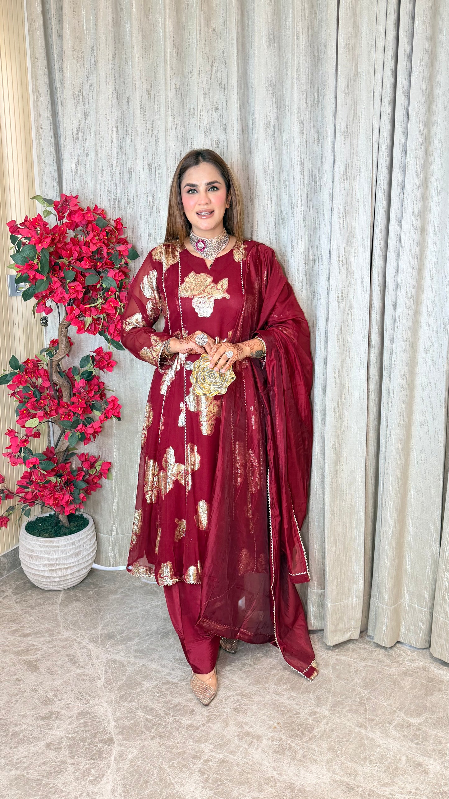 Beautiful foil-printed kurta set with matching trousers and a draped dupatta. PC3535