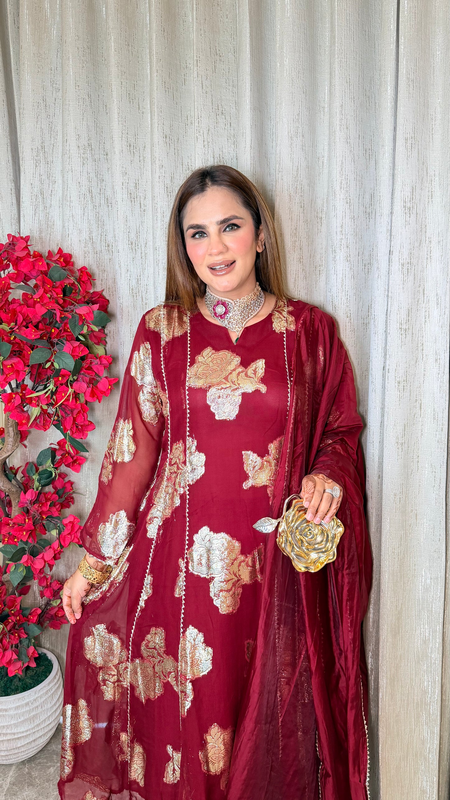 Beautiful foil-printed kurta set with matching trousers and a draped dupatta. PC3535