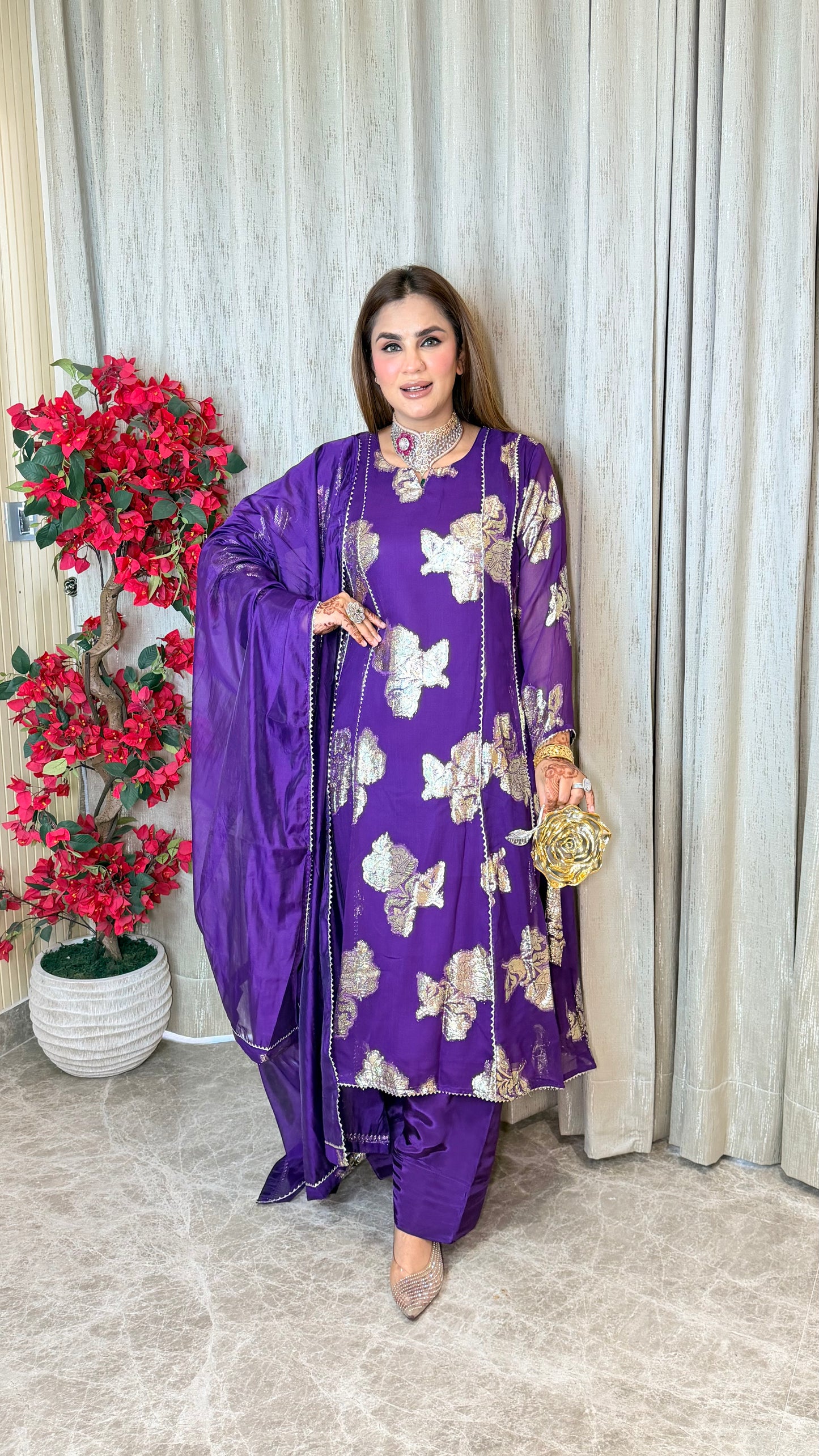 Beautiful foil-printed kurta set with matching trousers and a draped dupatta. PC3535