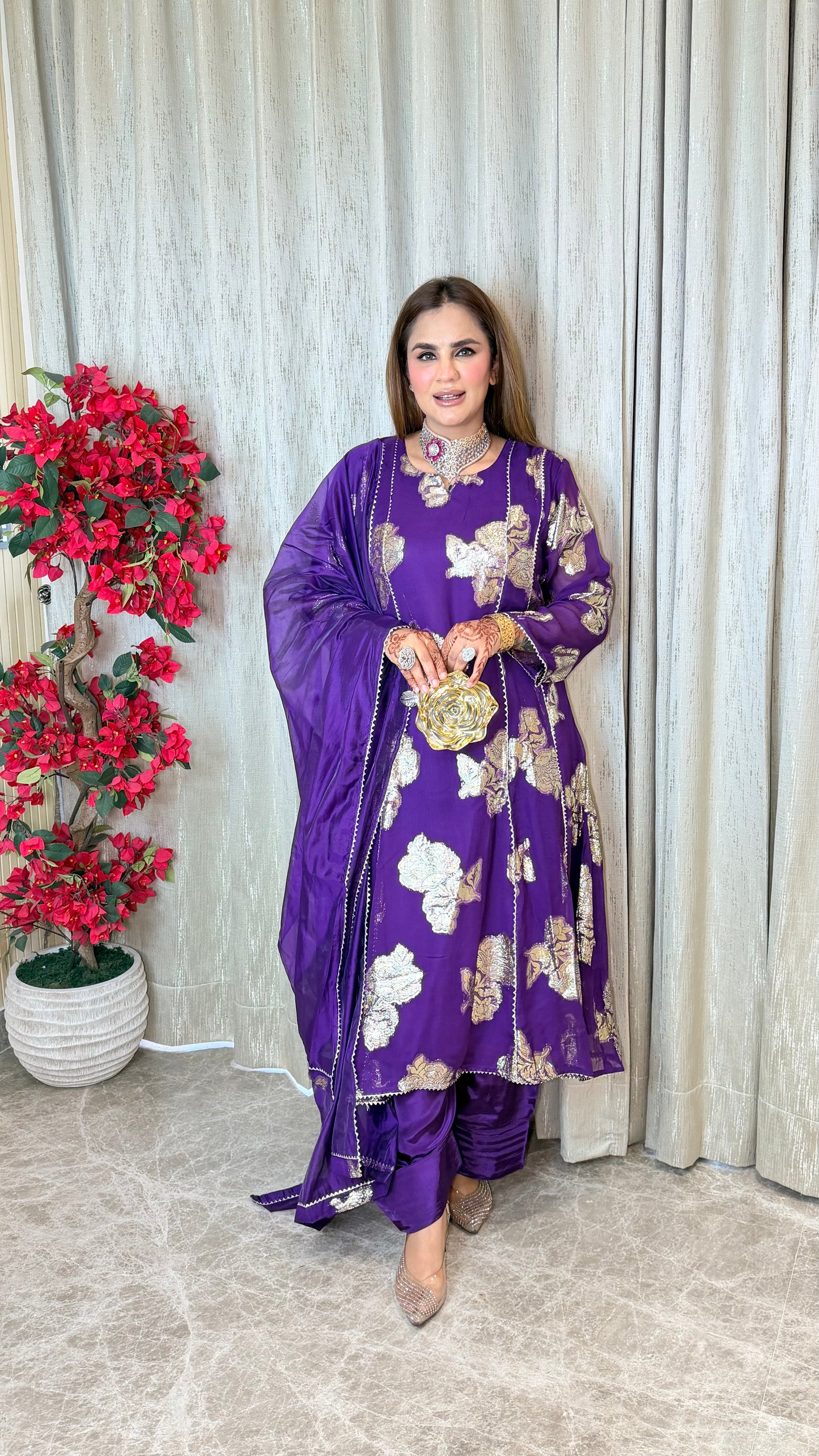 Beautiful foil-printed kurta set with matching trousers and a draped dupatta. PC3535