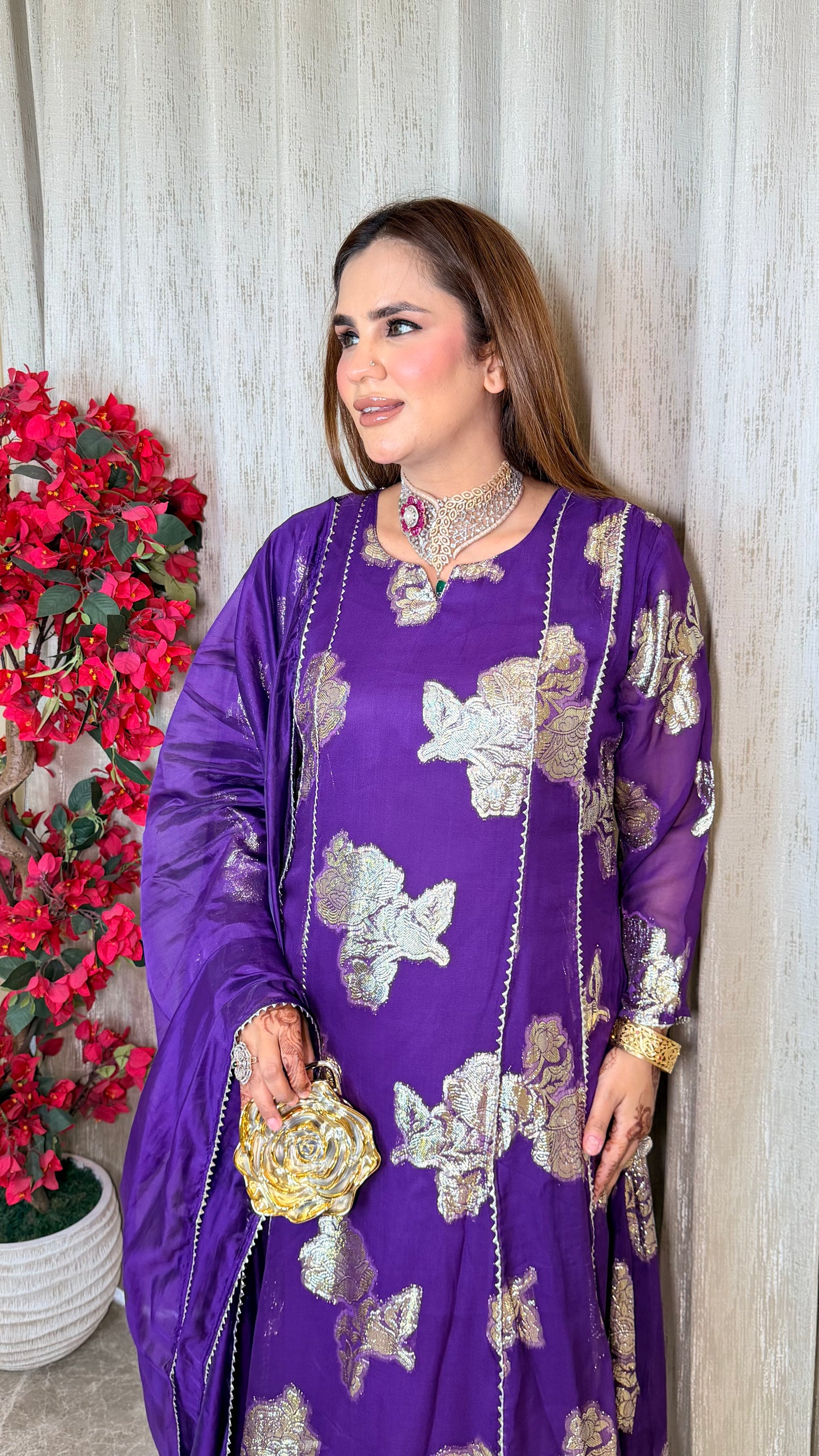 Beautiful foil-printed kurta set with matching trousers and a draped dupatta. PC3535