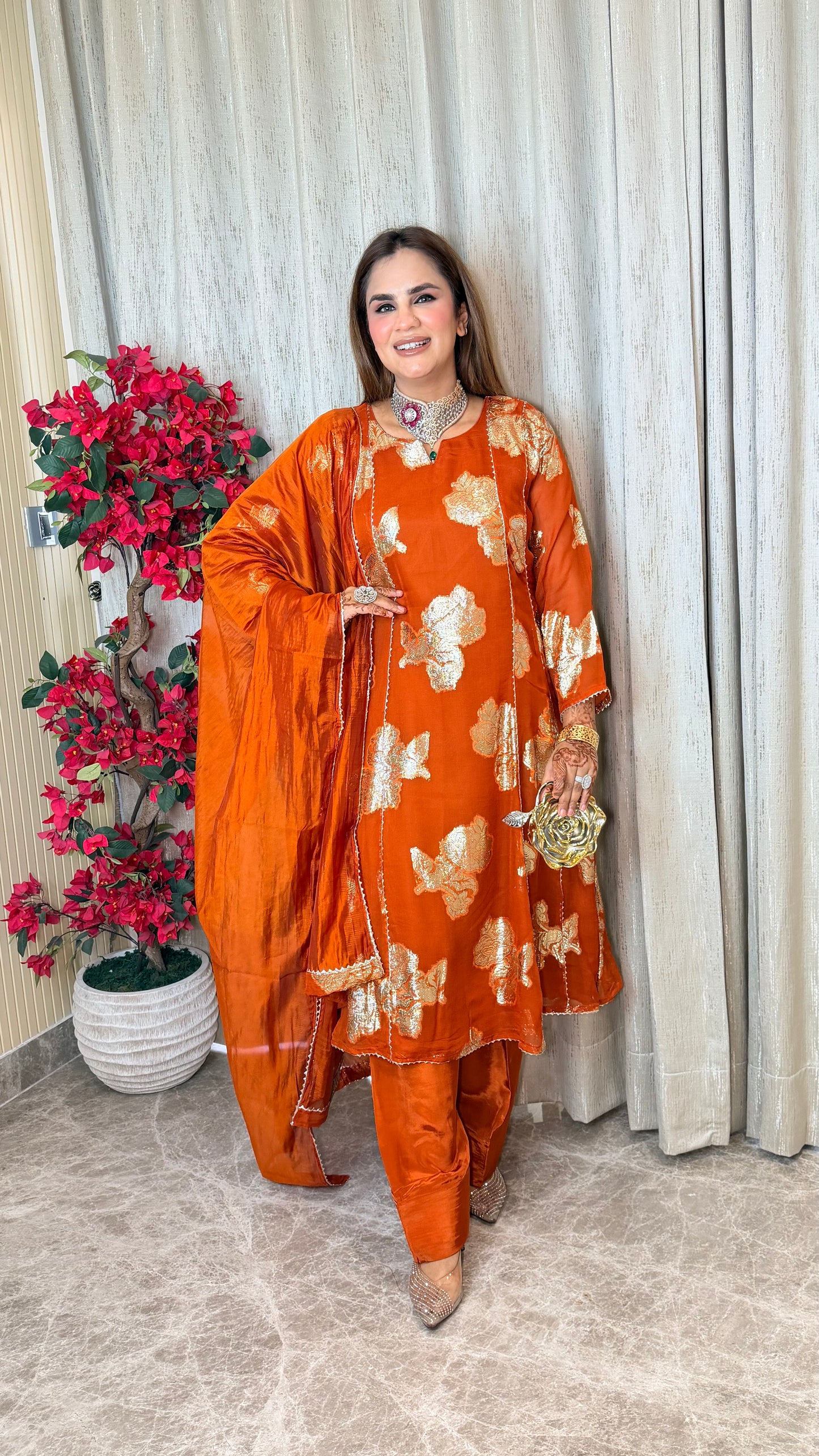 Beautiful foil-printed kurta set with matching trousers and a draped dupatta. PC3535