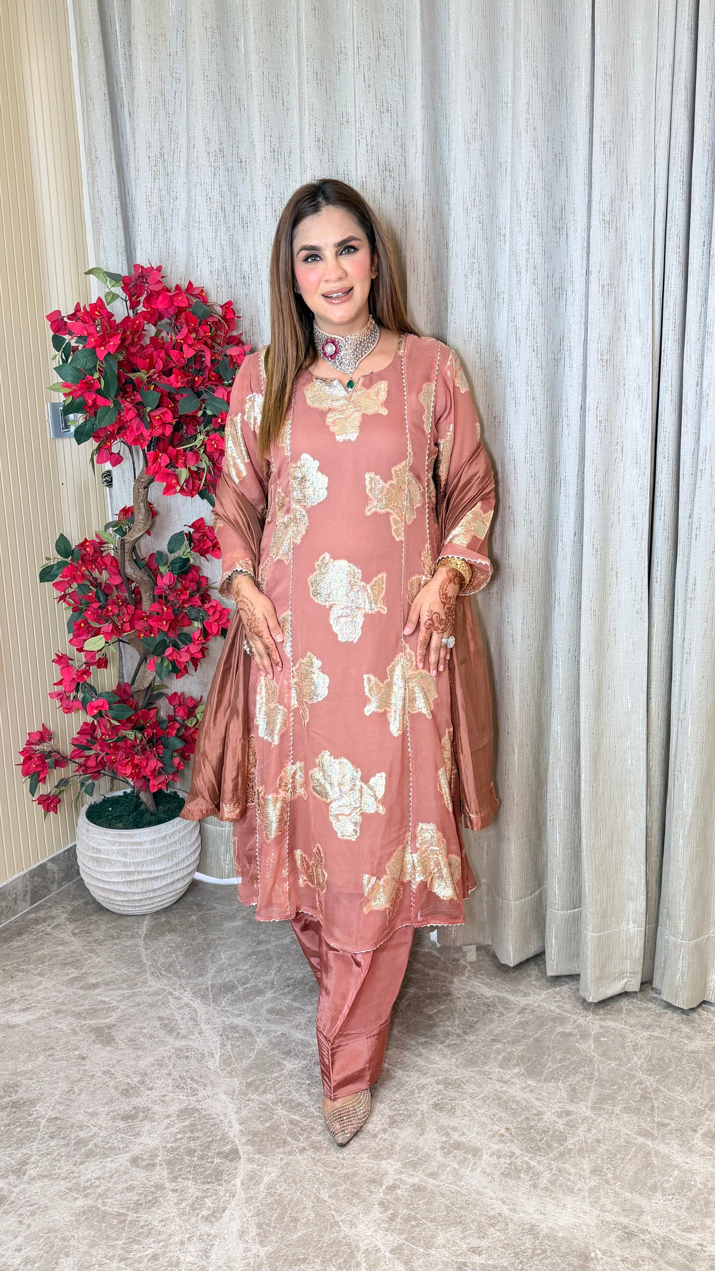 Beautiful foil-printed kurta set with matching trousers and a draped dupatta. PC3535