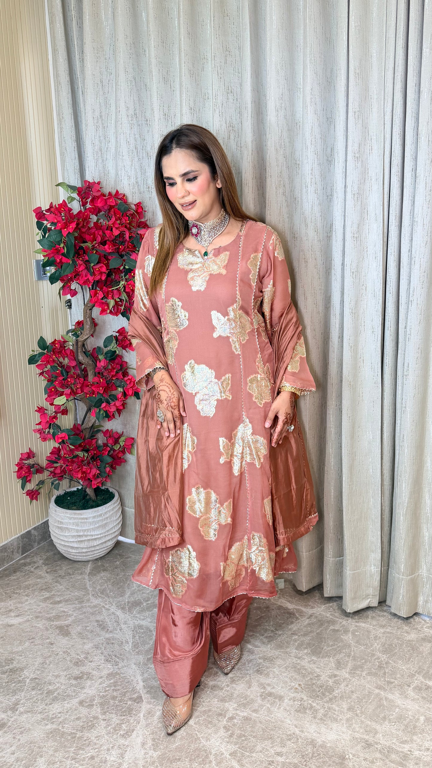 Beautiful foil-printed kurta set with matching trousers and a draped dupatta. PC3535
