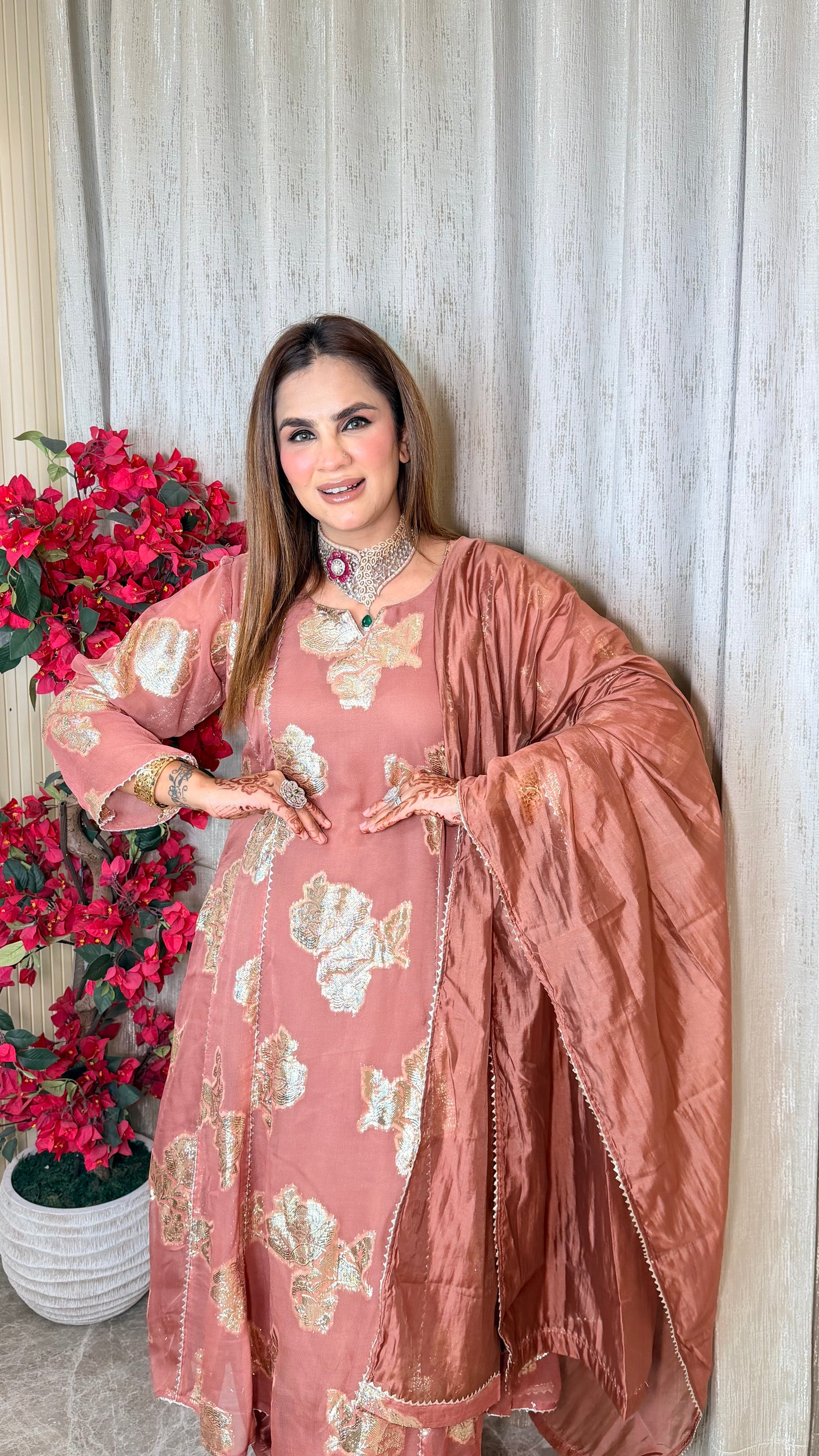 Beautiful foil-printed kurta set with matching trousers and a draped dupatta. PC3535