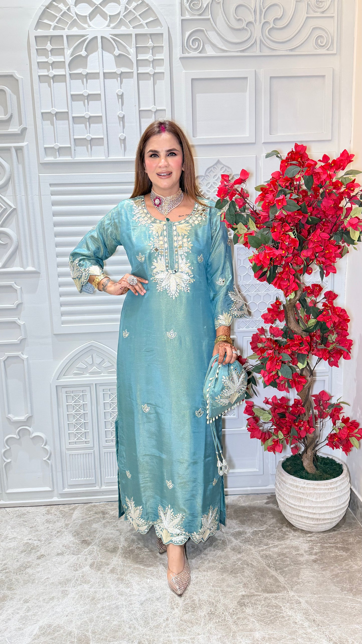 Elegant turquoise-blue embroidered silk kurta set PC3537