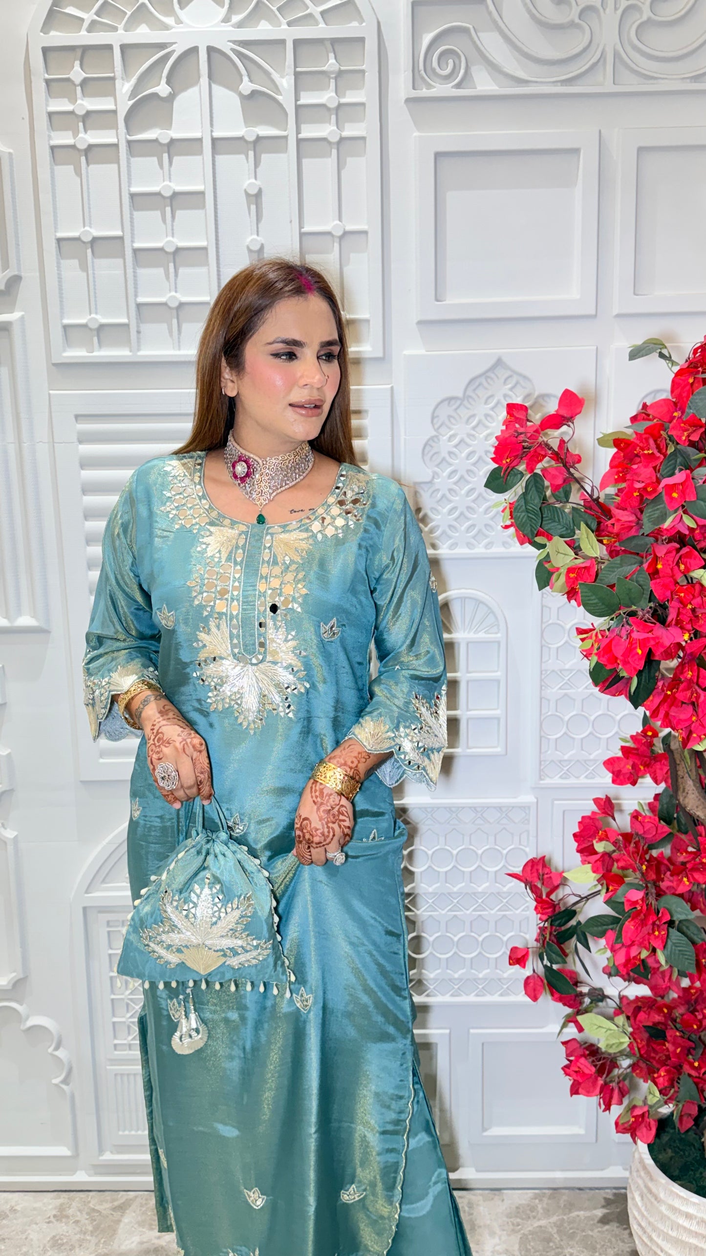 Elegant turquoise-blue embroidered silk kurta set PC3537