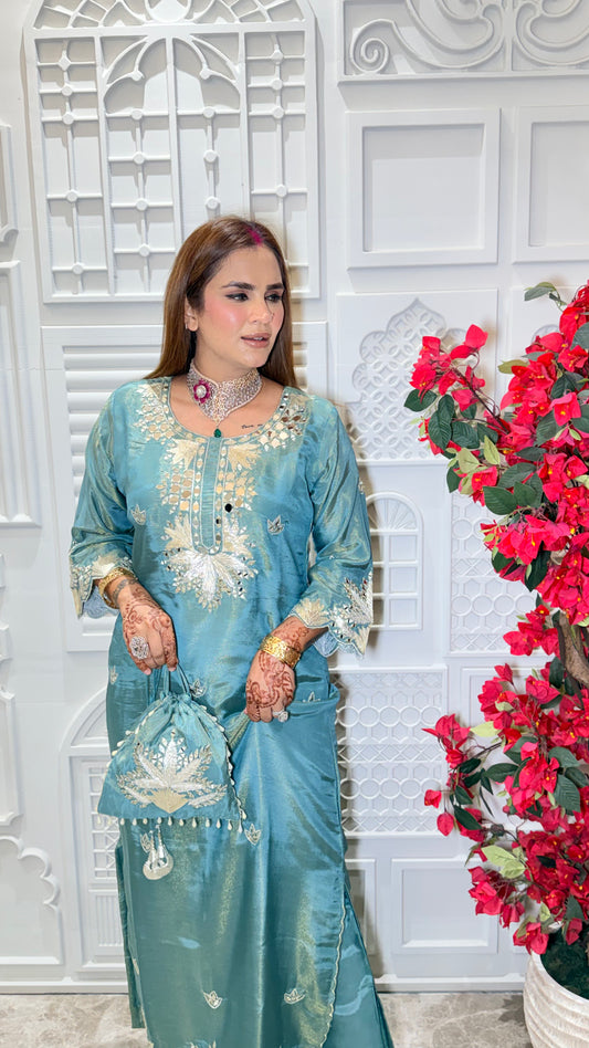 Elegant turquoise-blue embroidered silk kurta set PC3537