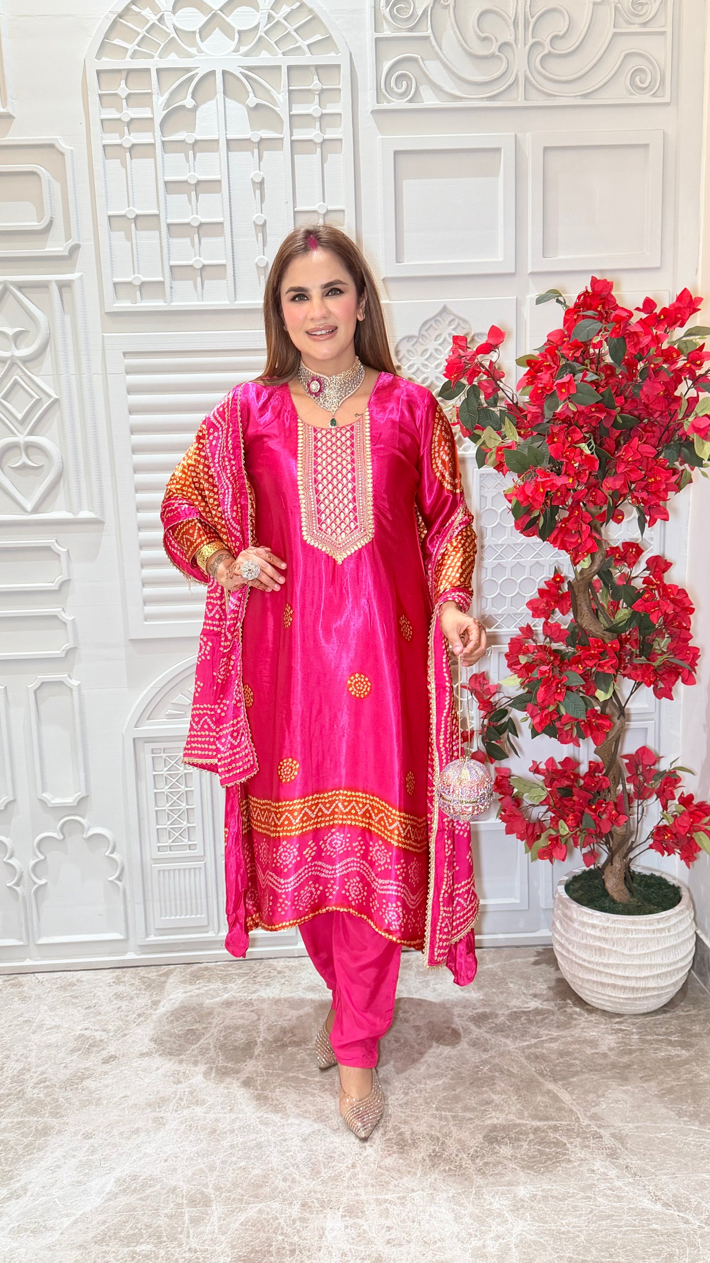 Elegant pink Gulnaar Gajji Silk Embroidered 3-Piece Set PC3538