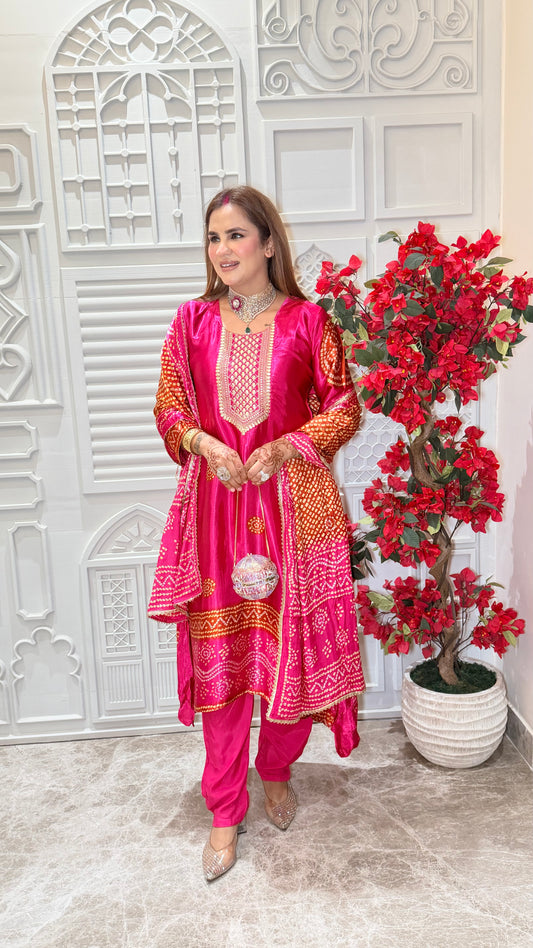 Elegant pink Gulnaar Gajji Silk Embroidered 3-Piece Set PC3538