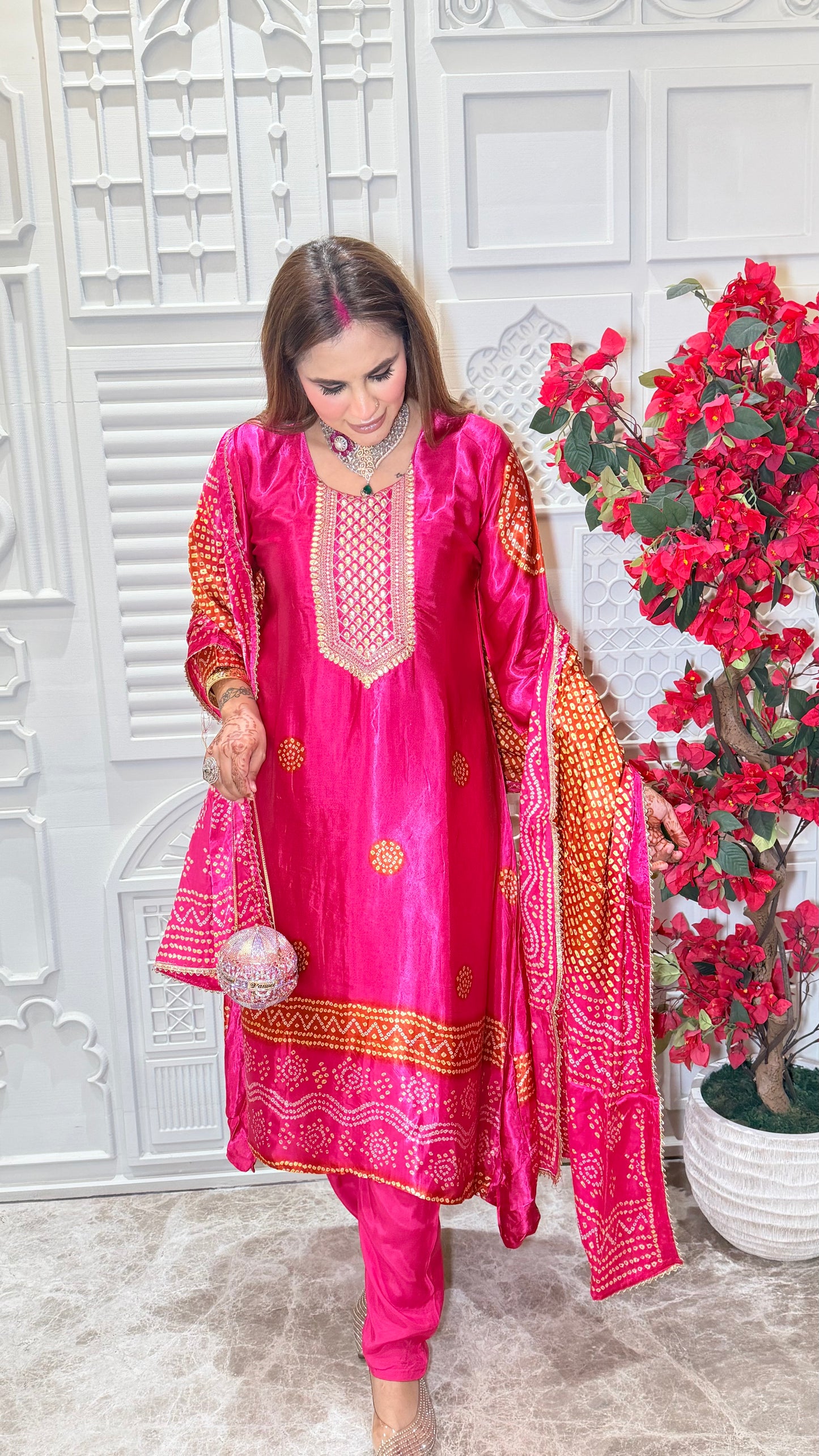 Elegant pink Gulnaar Gajji Silk Embroidered 3-Piece Set PC3538